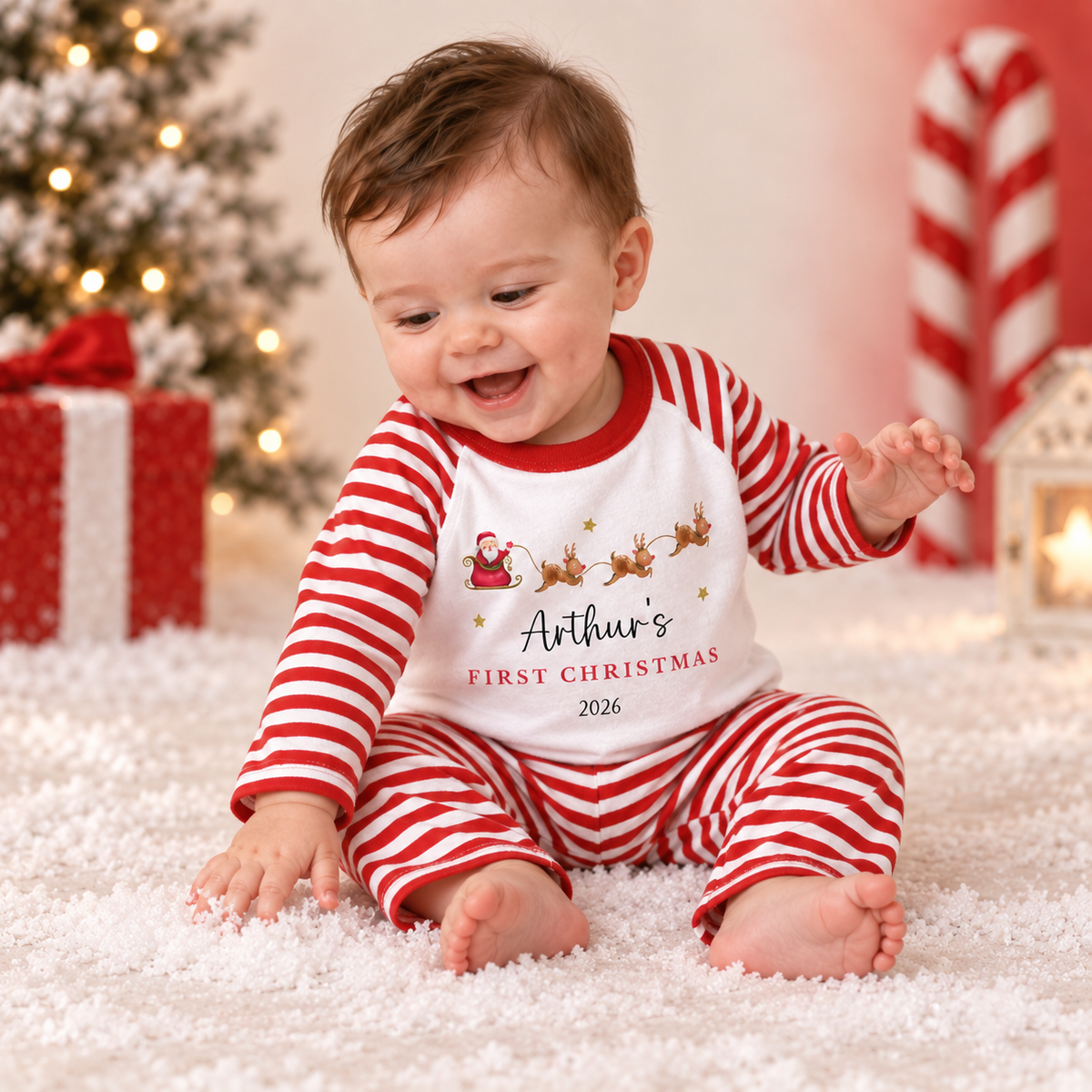 Personalised First Christmas Santa Sleigh Red Pyjamas