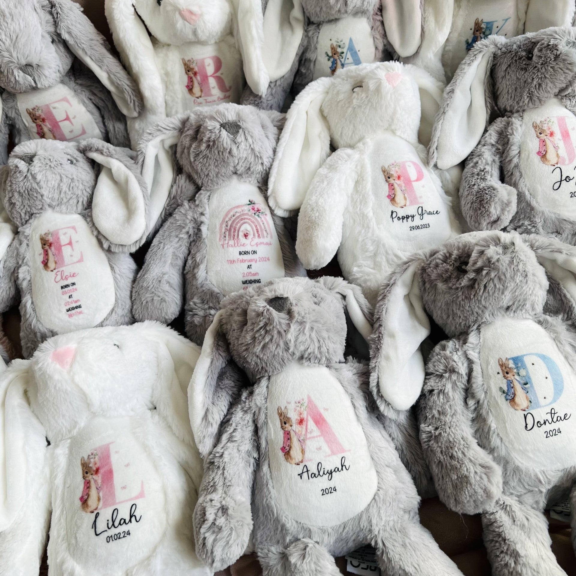 Personalised Birth Stats Pink Rainbow Bunny Soft Toy