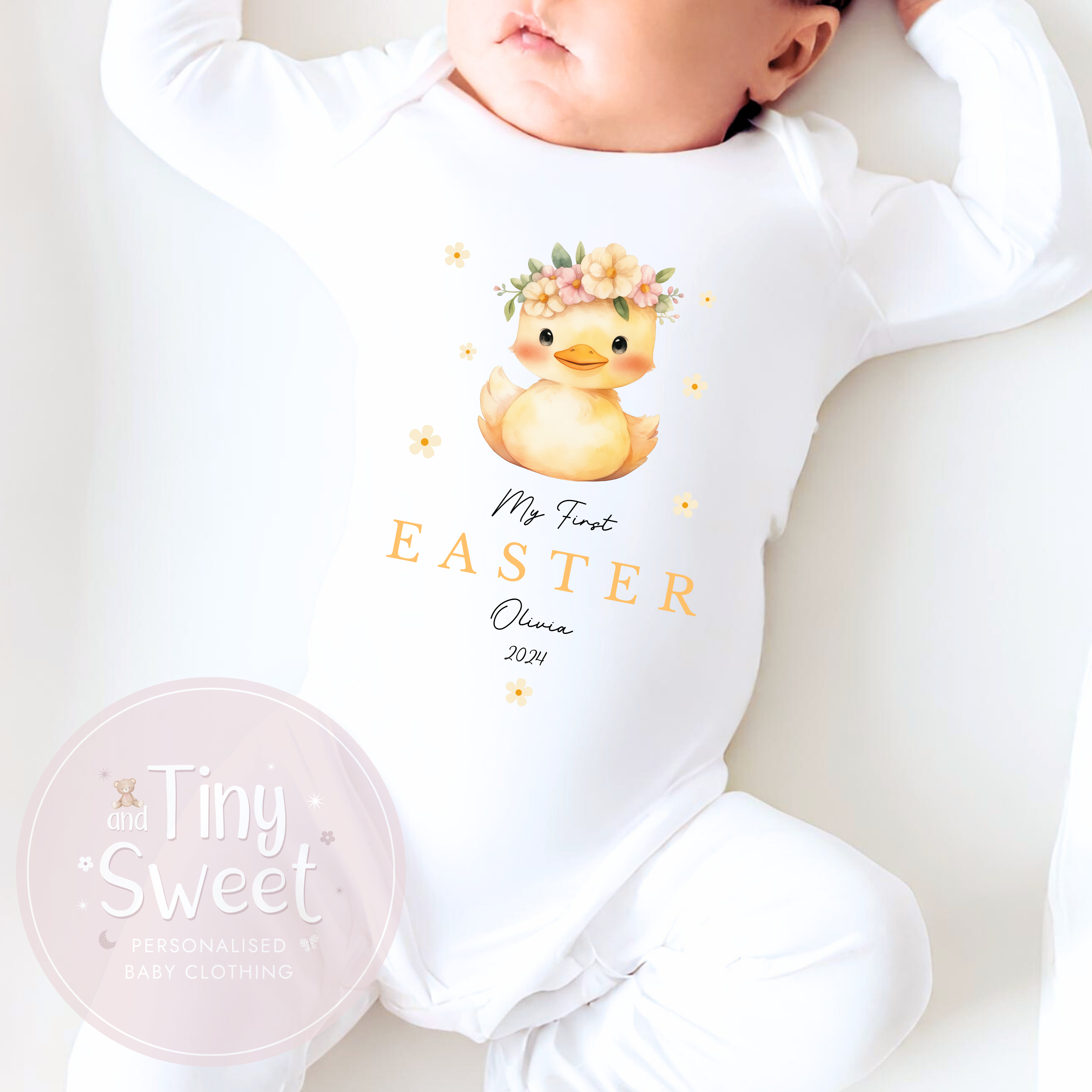 My First Easter Floral Duck Personalised Sleepsuit/Babygrow
