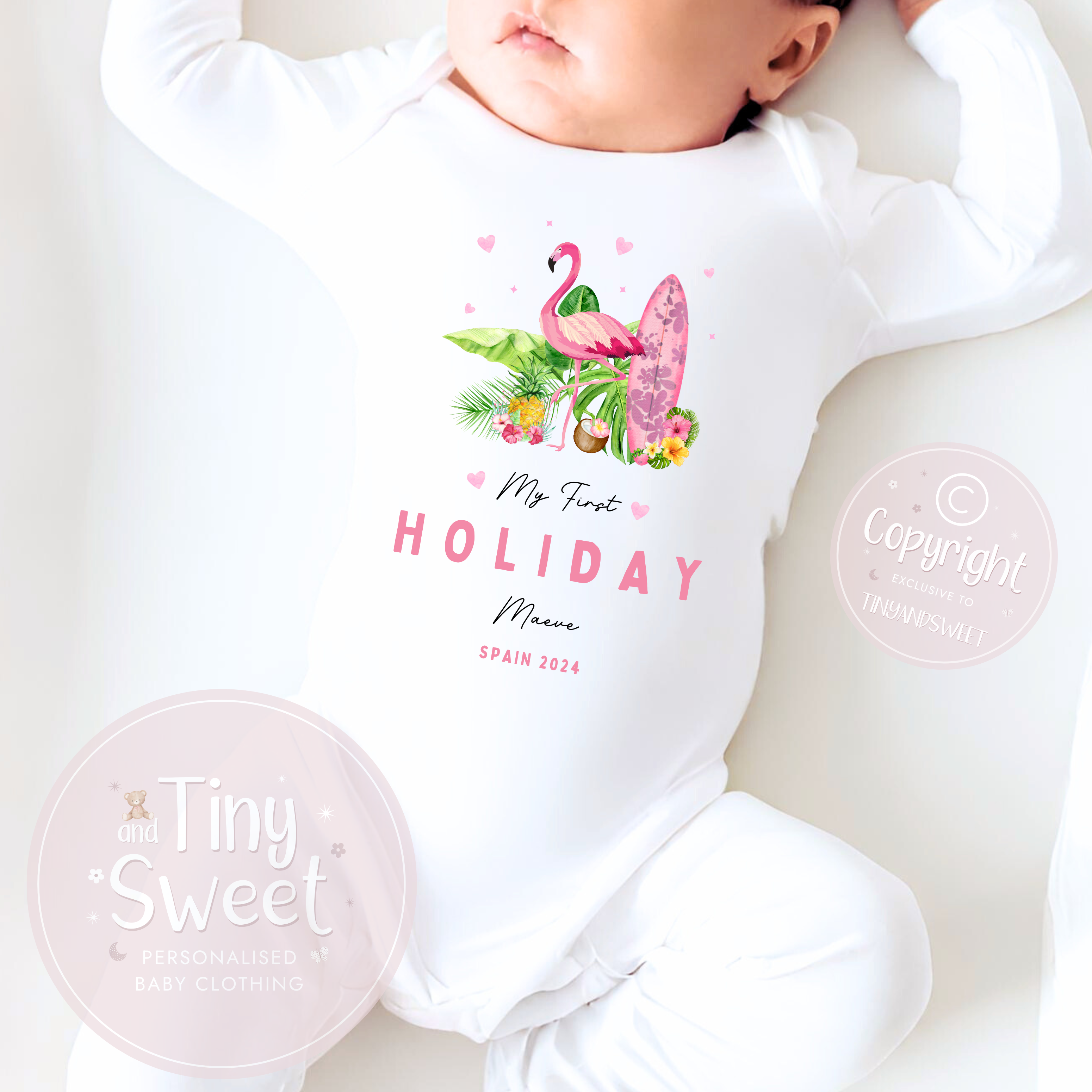 My First Holiday Flamingo Personalised Vest/Sleepsuit
