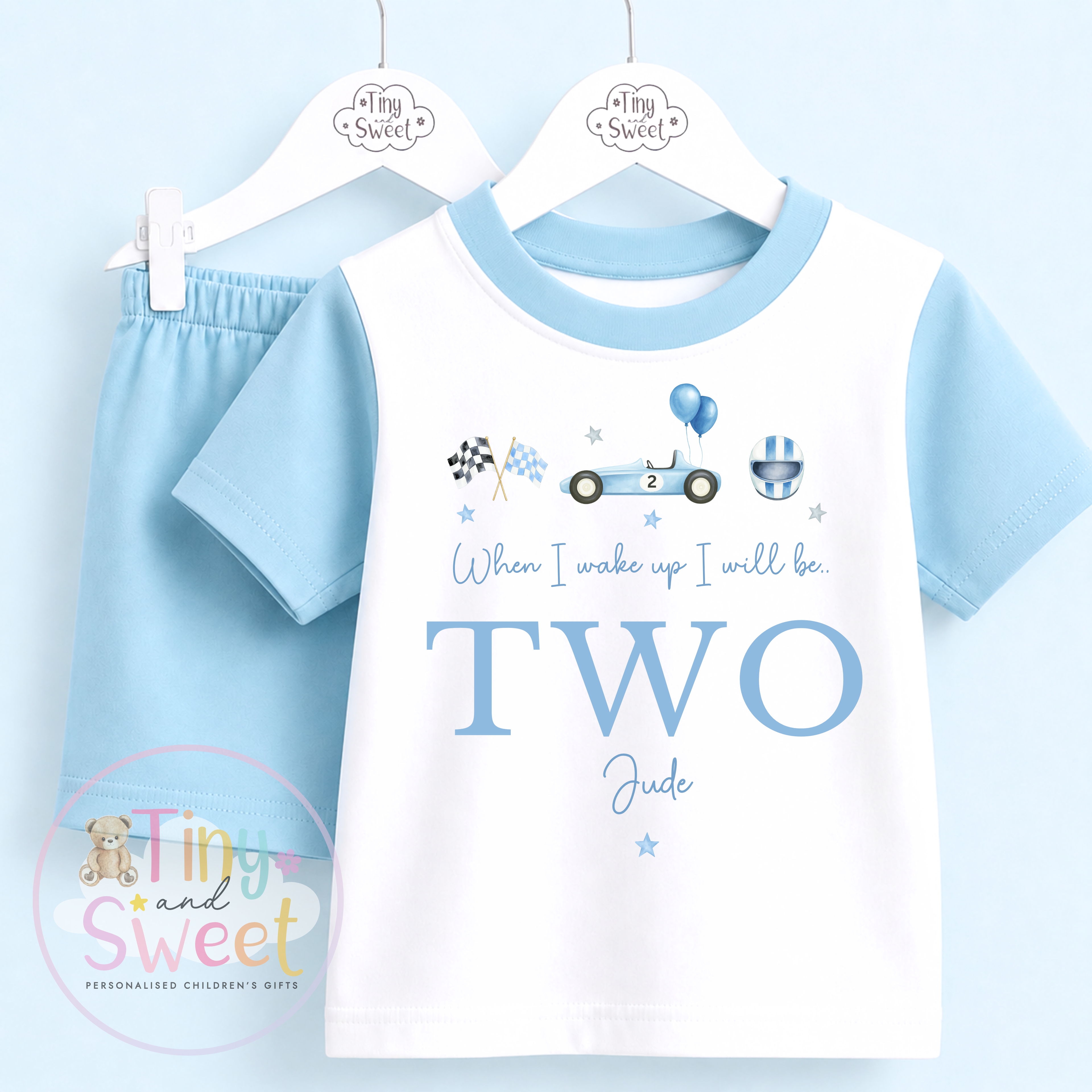 Blue Racing Personalised Short & T Shirt Pyjama Set (Any Age)