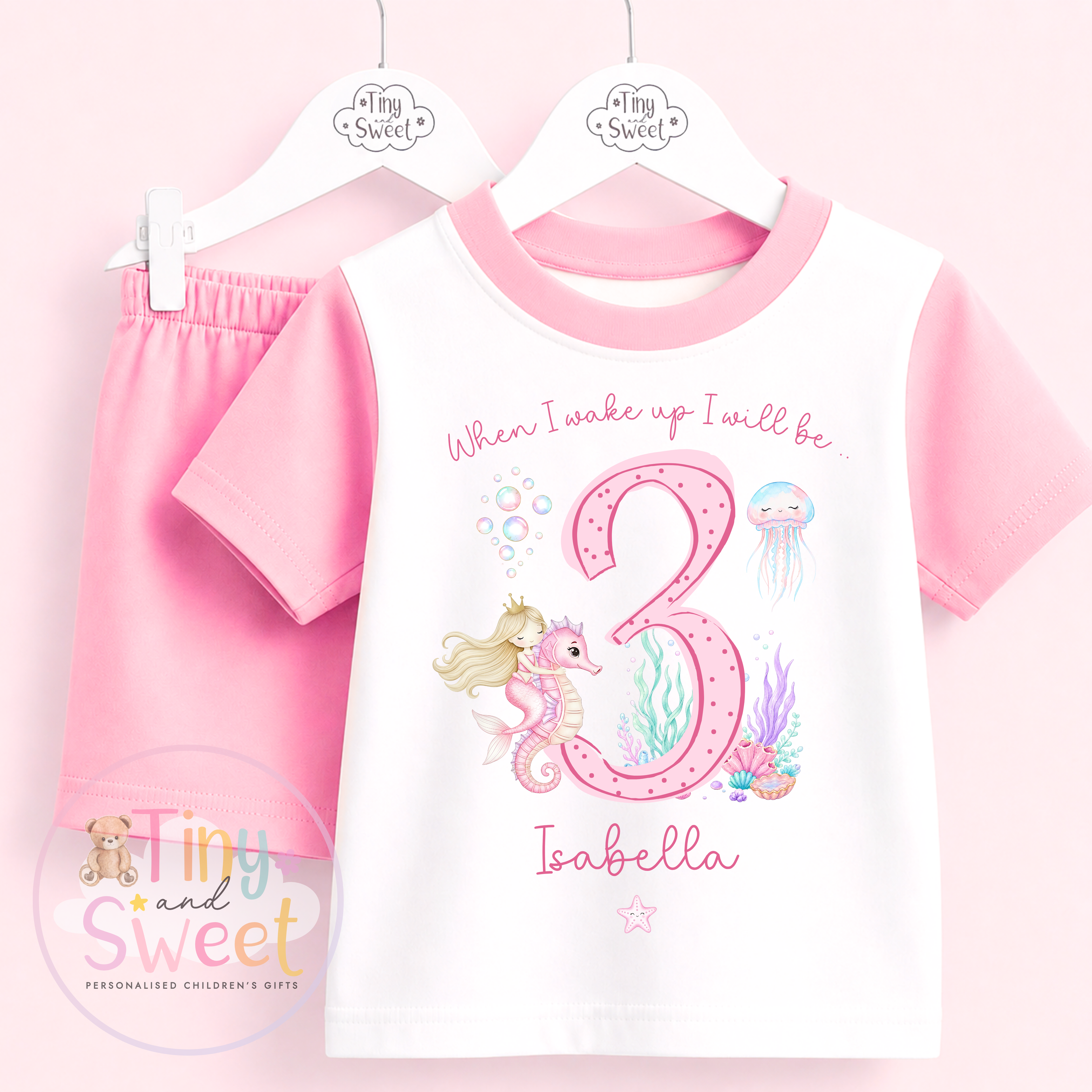 Pink Mermaid Seahorse Personalised Short & T Shirt Pyjama Set (Any Age)