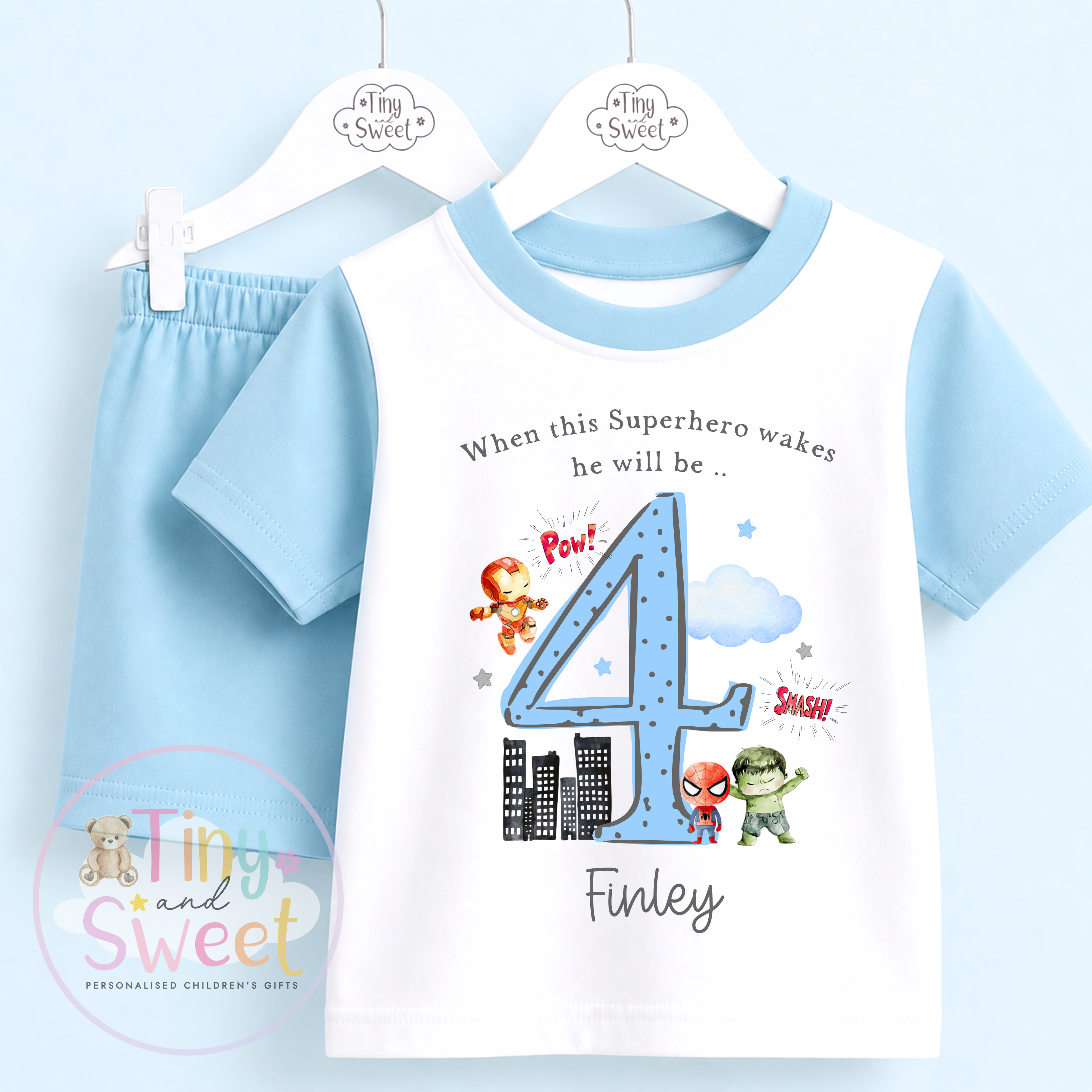 Personalised Superhero Short & T Shirt Pyjama Set (Any Age)