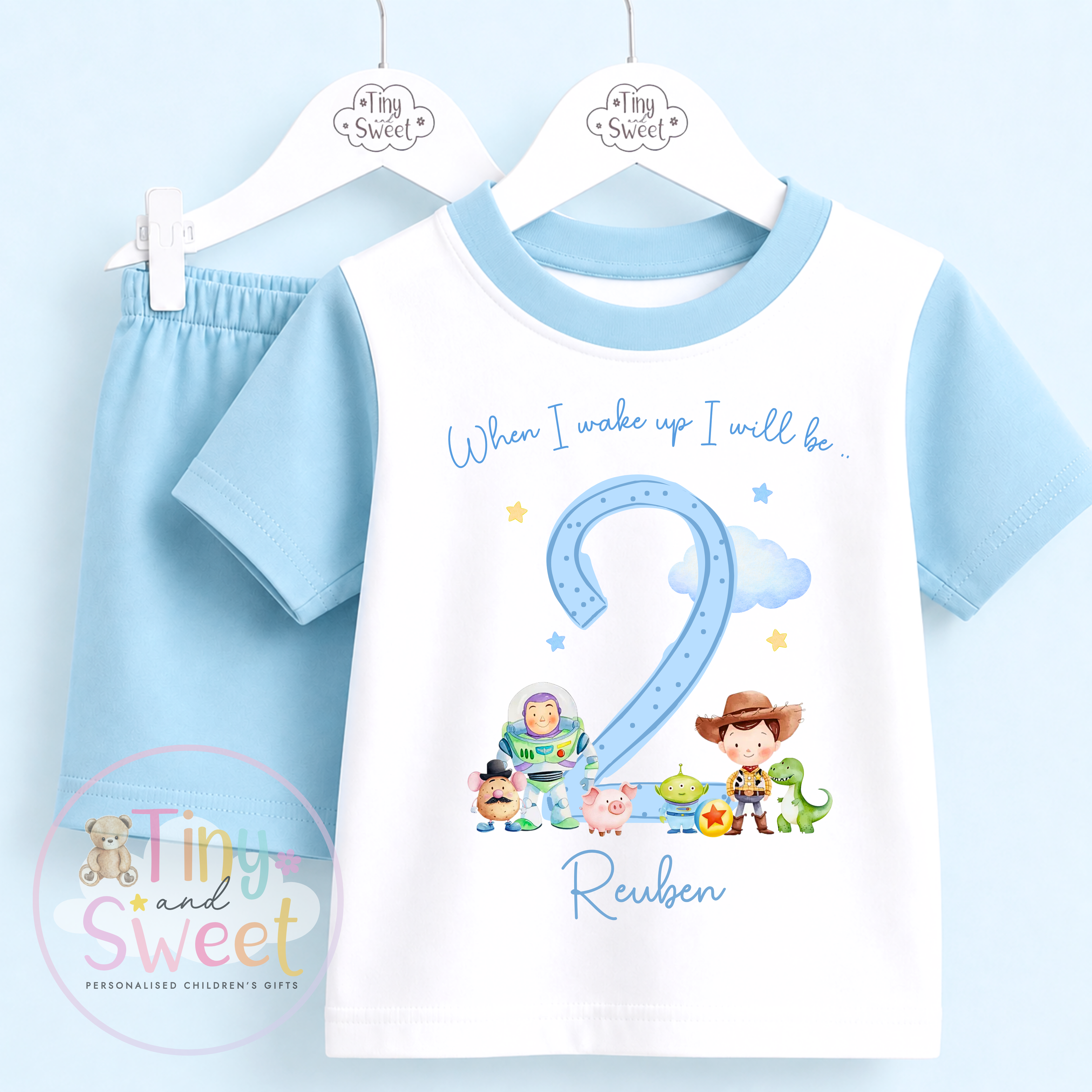 Personalised Toy Friends Blue Short & T Shirt Pyjama Set (Any Age)