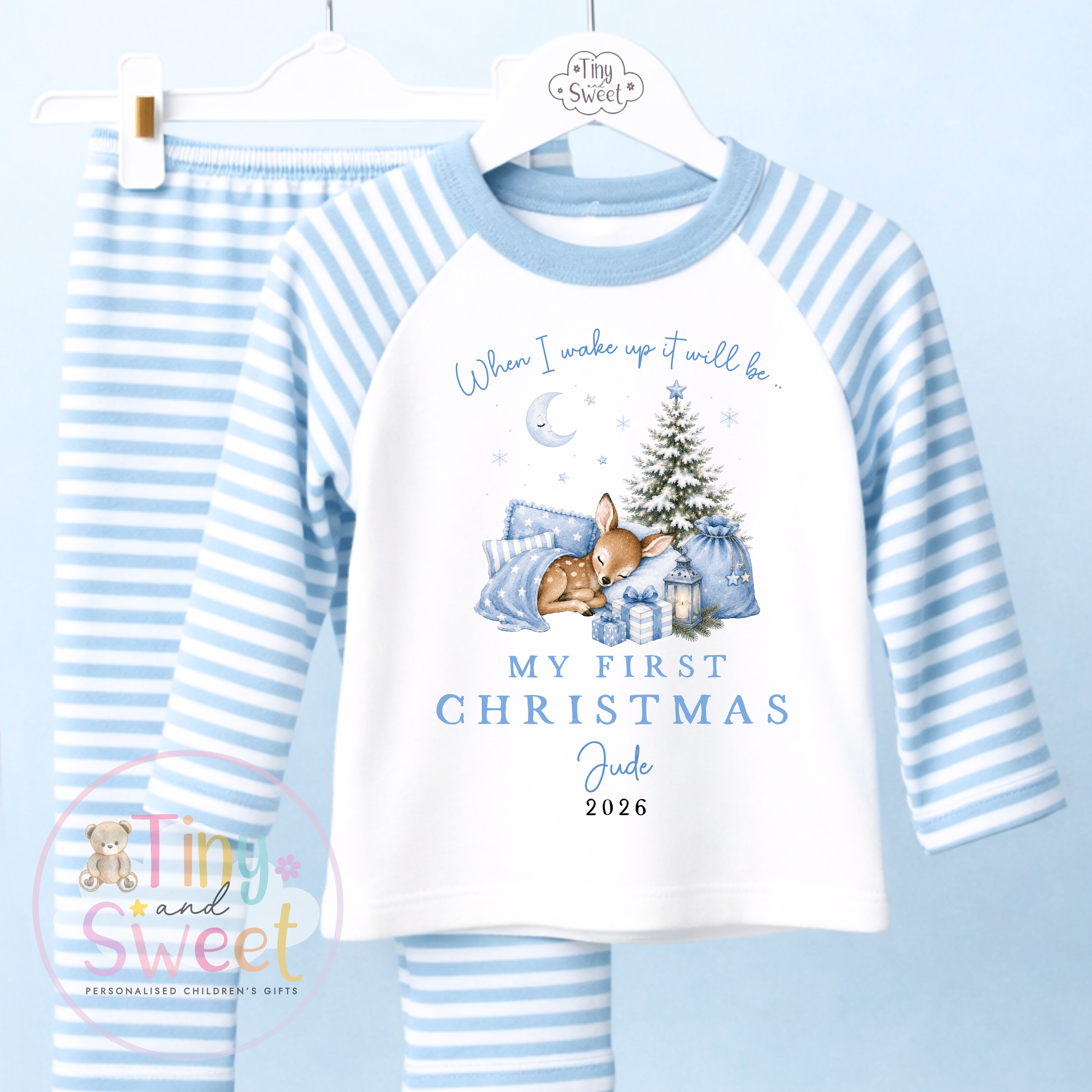 Personalised Sleeping Deer Christmas Pink or Blue Pyjamas