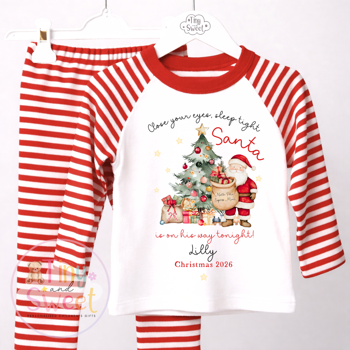 Personalised Close Your Eyes, Sleep Tight Christmas Red Pyjamas