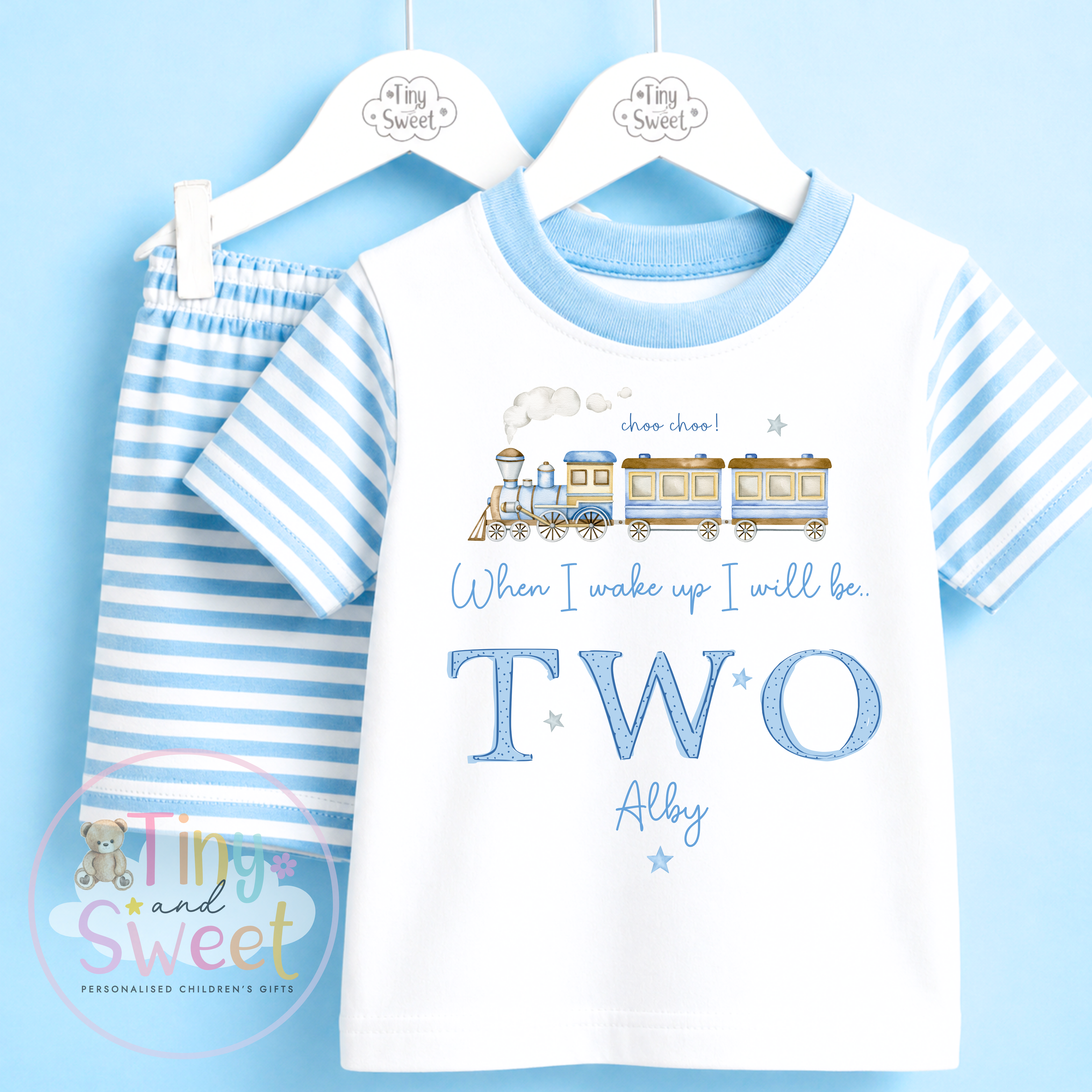 Personalised Blue Train Short & T Shirt Birthday Pyjamas (Any Age!)