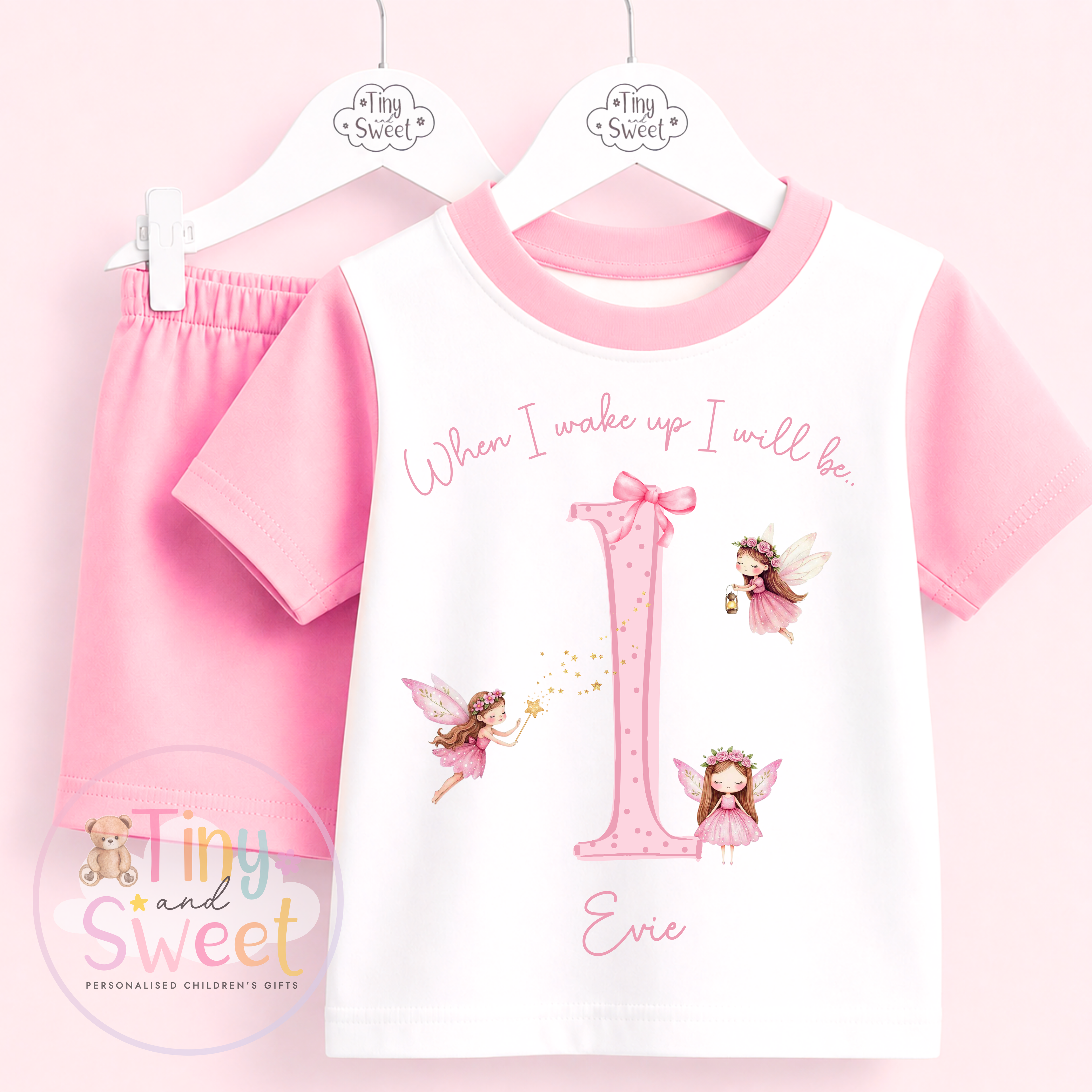 Pink Fairy Personalised Short & T Shirt Pyjama Set (Any Age)