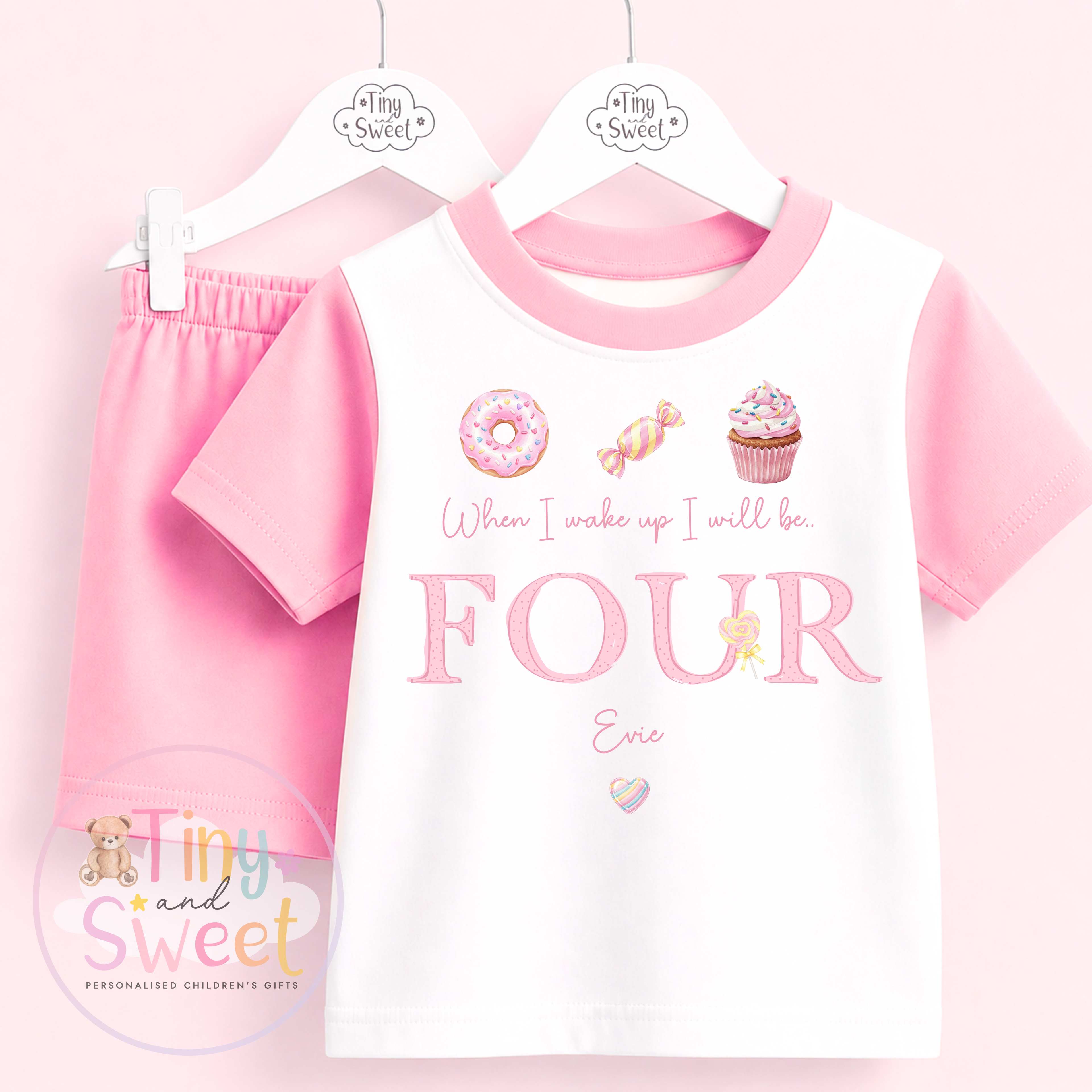 Pink Sweeties Personalised Short & T Shirt Pyjama Set (Any Age)