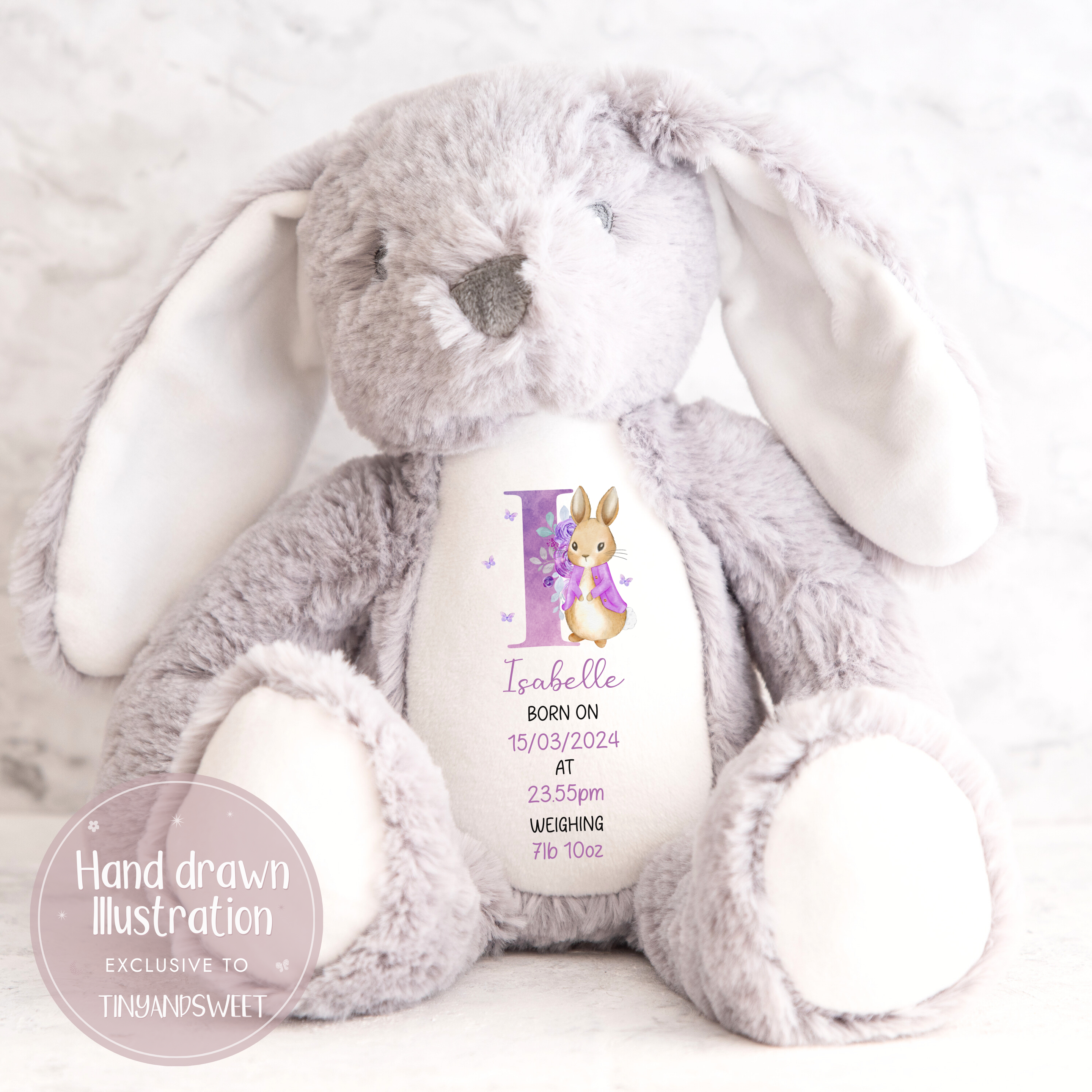 Personalised Birth Stats Hand Drawn Bunny Soft Toy