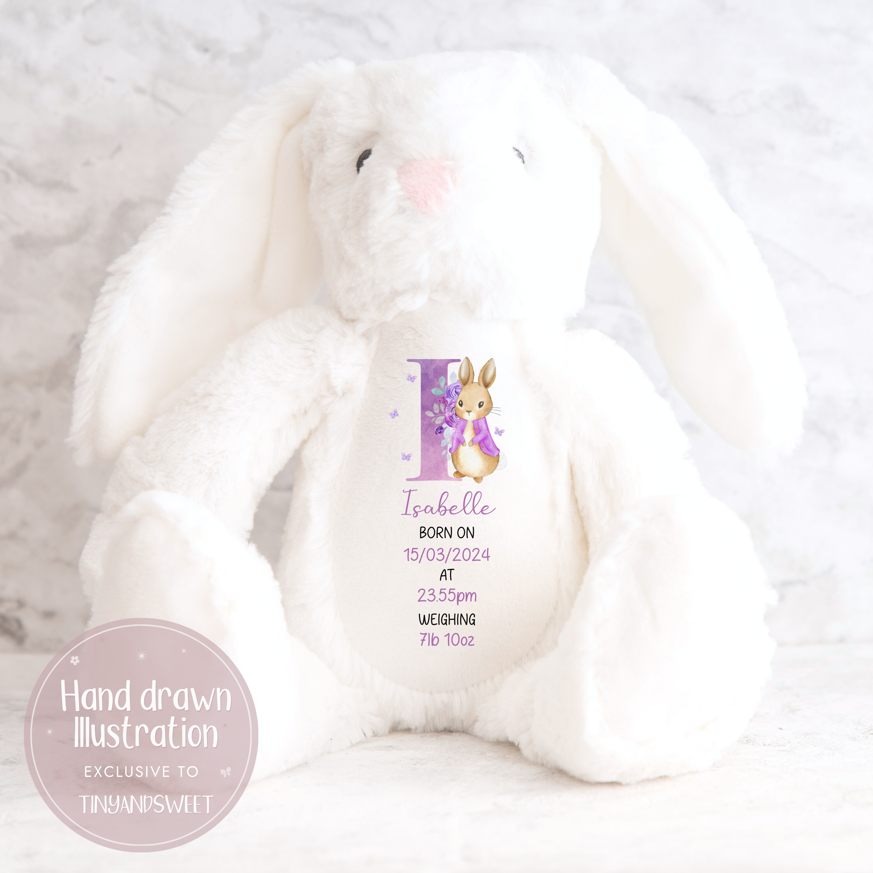 Personalised Birth Stats Hand Drawn Bunny Soft Toy