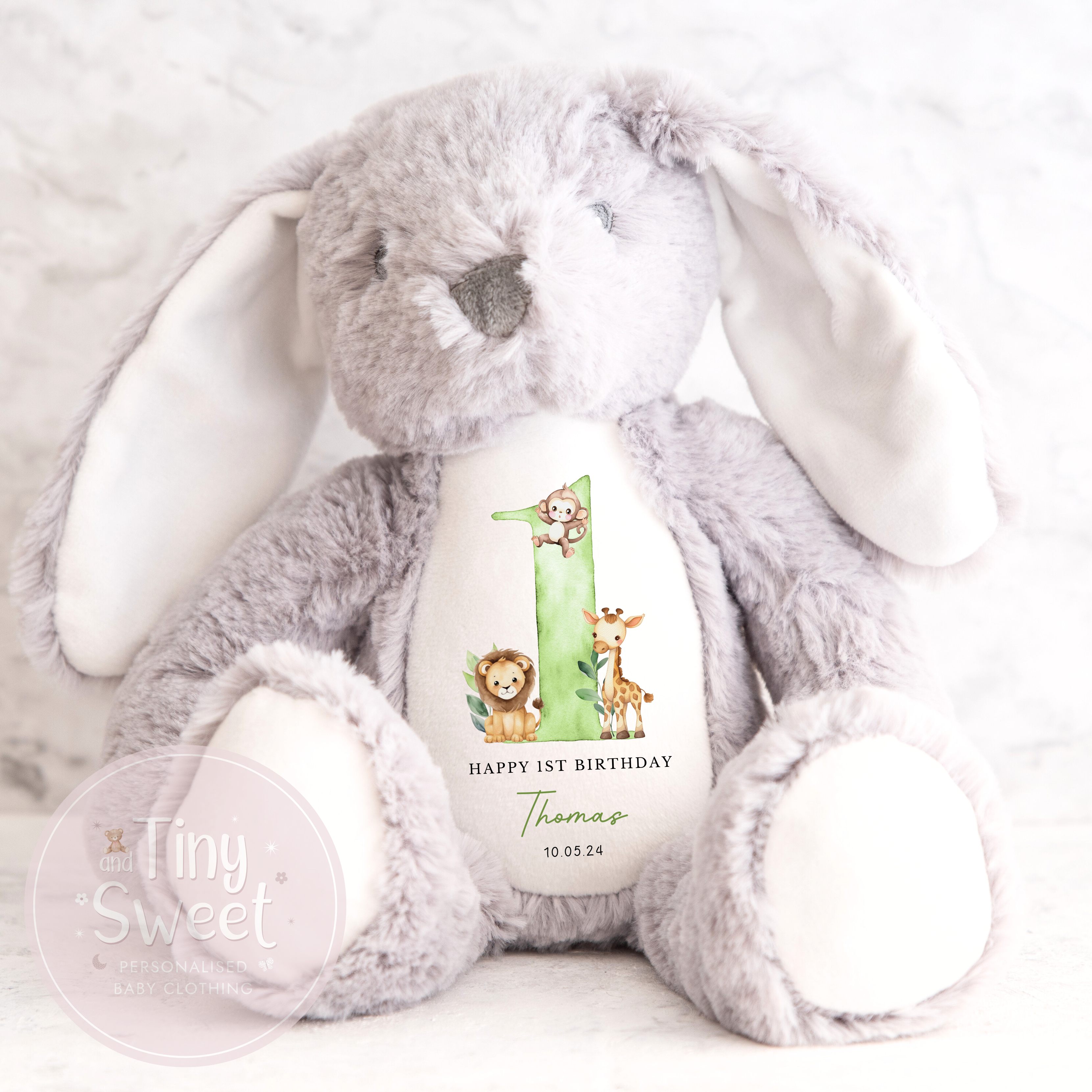Personalised 1st Birthday Green Safari Animals Bunny Soft Toy