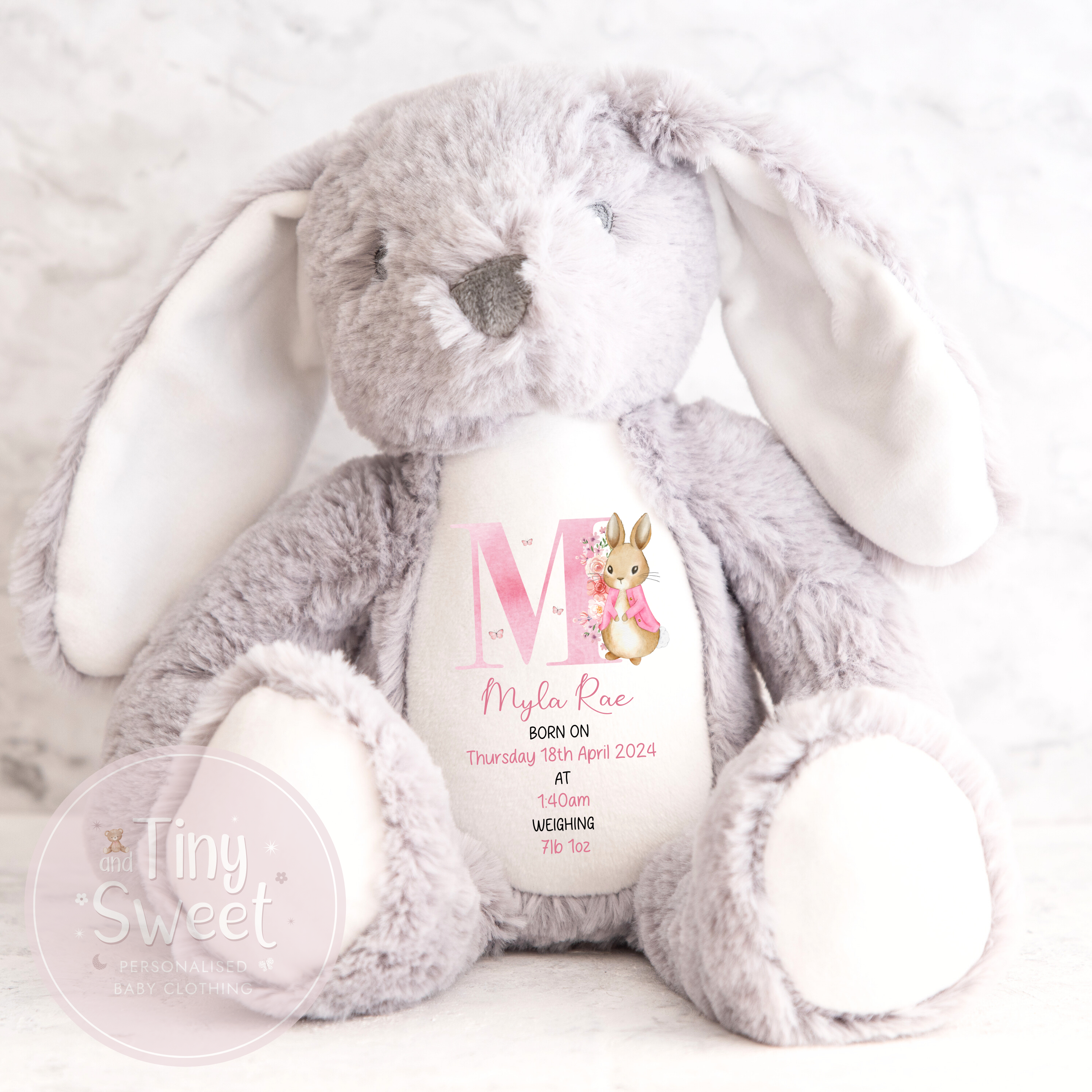 Personalised Birth Stats Hand Drawn Bunny Soft Toy