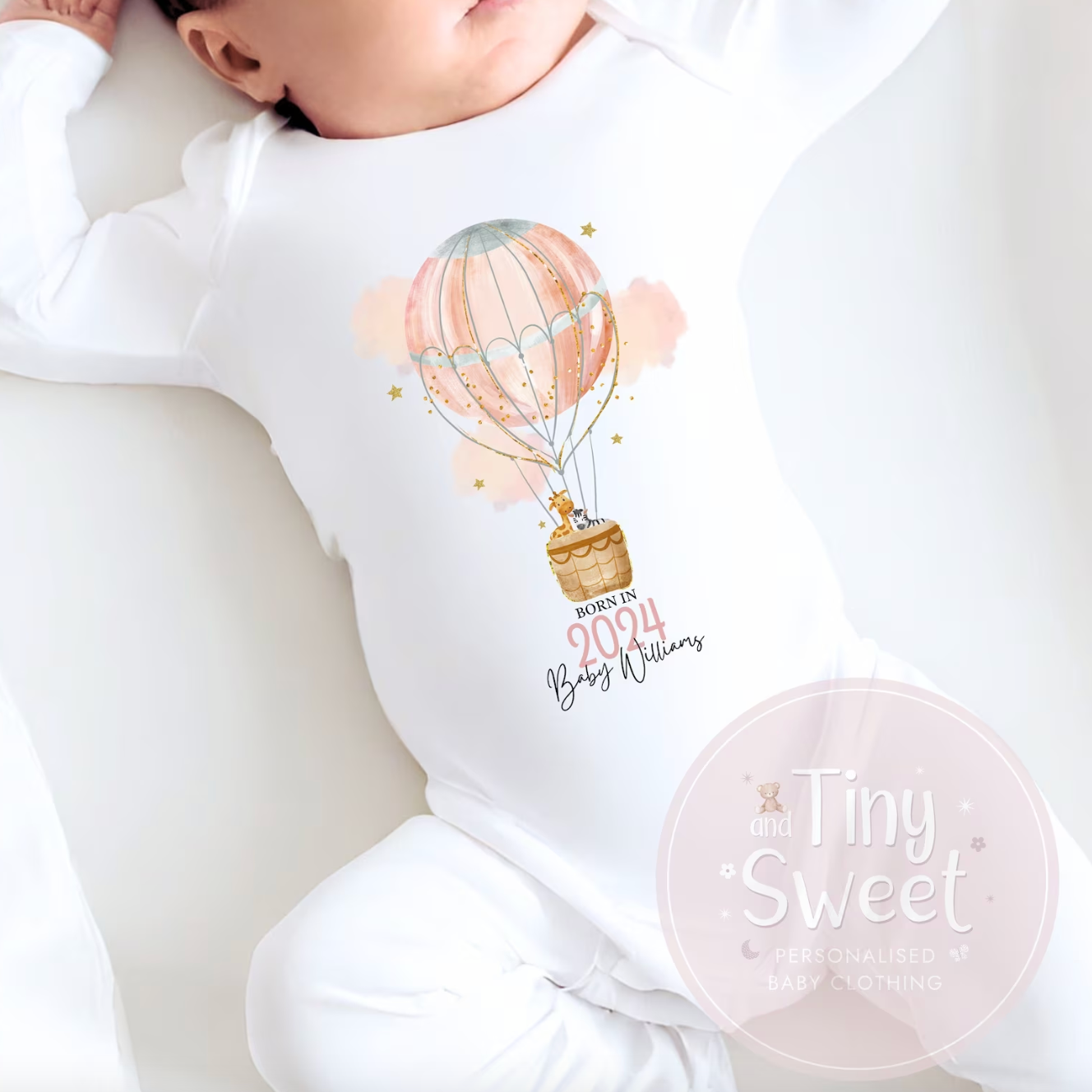 Peach Born In 2024 Hot Air Balloon Personalised Sleepsuit/Babygrow