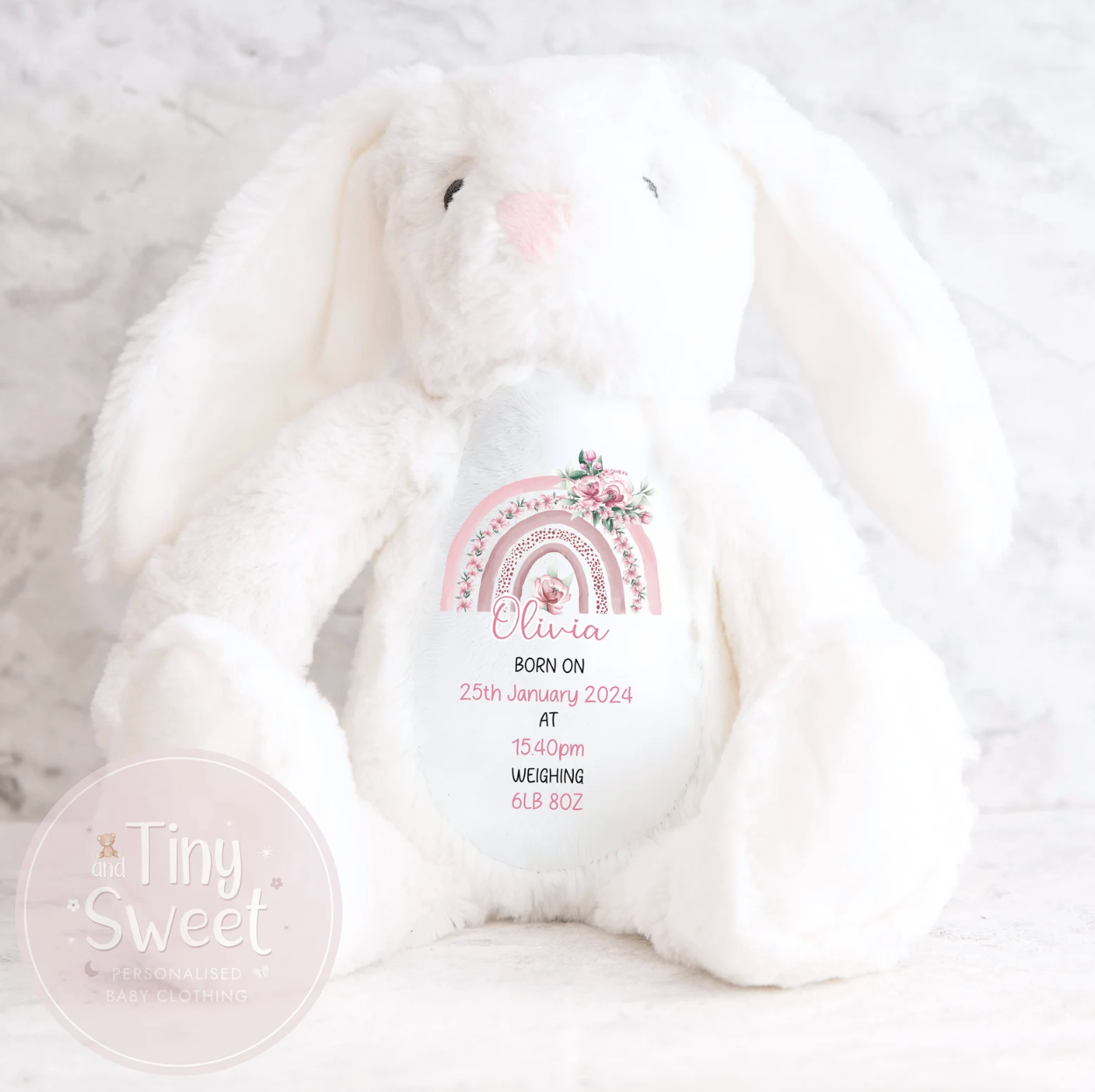 Personalised Birth Stats Pink Rainbow Bunny Soft Toy