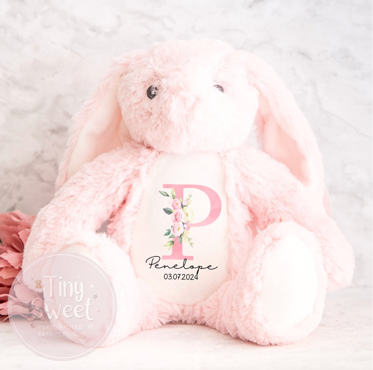 Personalised Pink Floral Initial Bunny Soft Toy