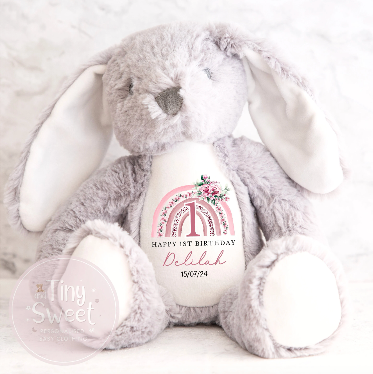 Personalised Rainbow 1st Birthday Bunny Soft Toy