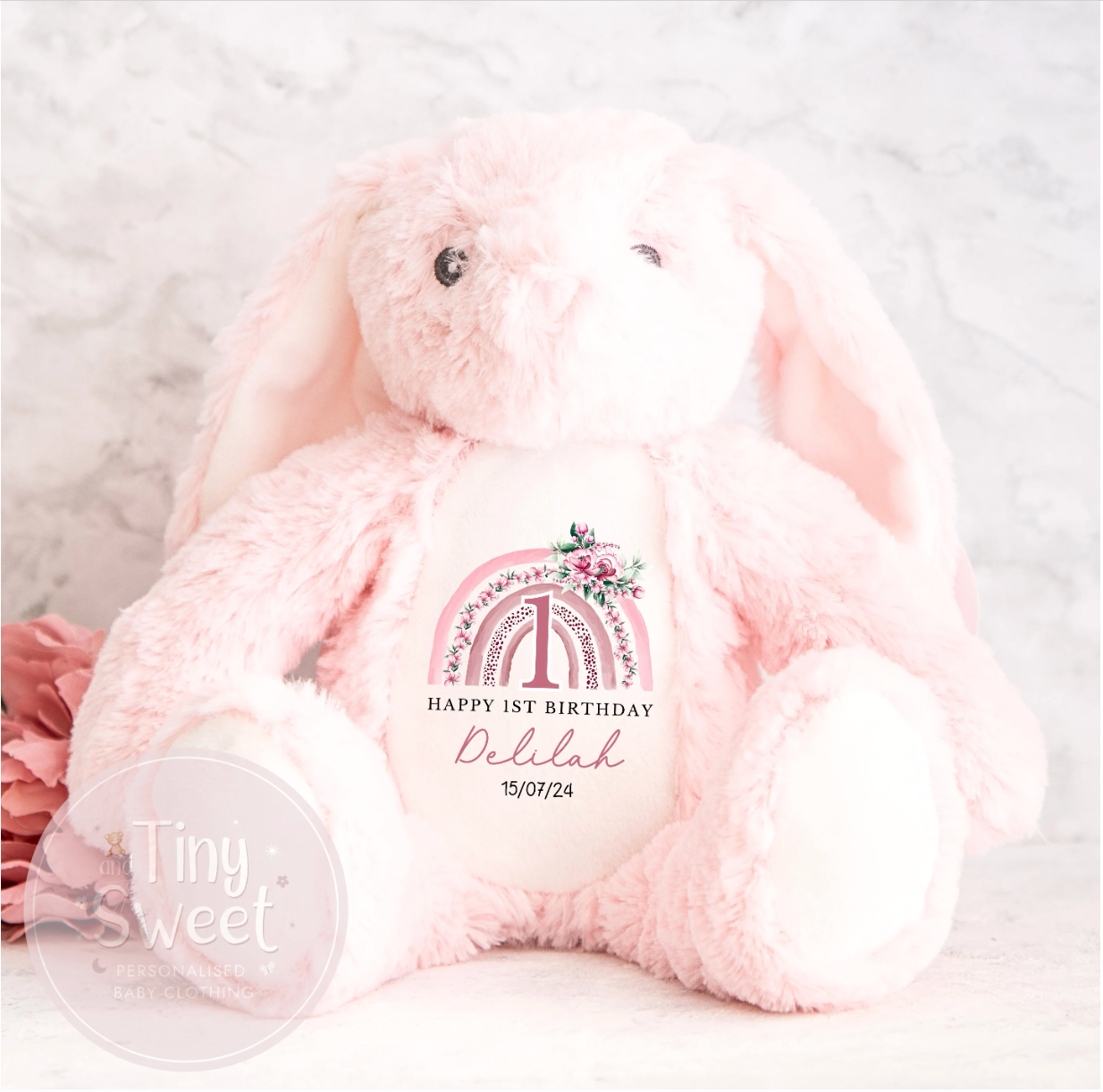 Personalised Rainbow 1st Birthday Bunny Soft Toy