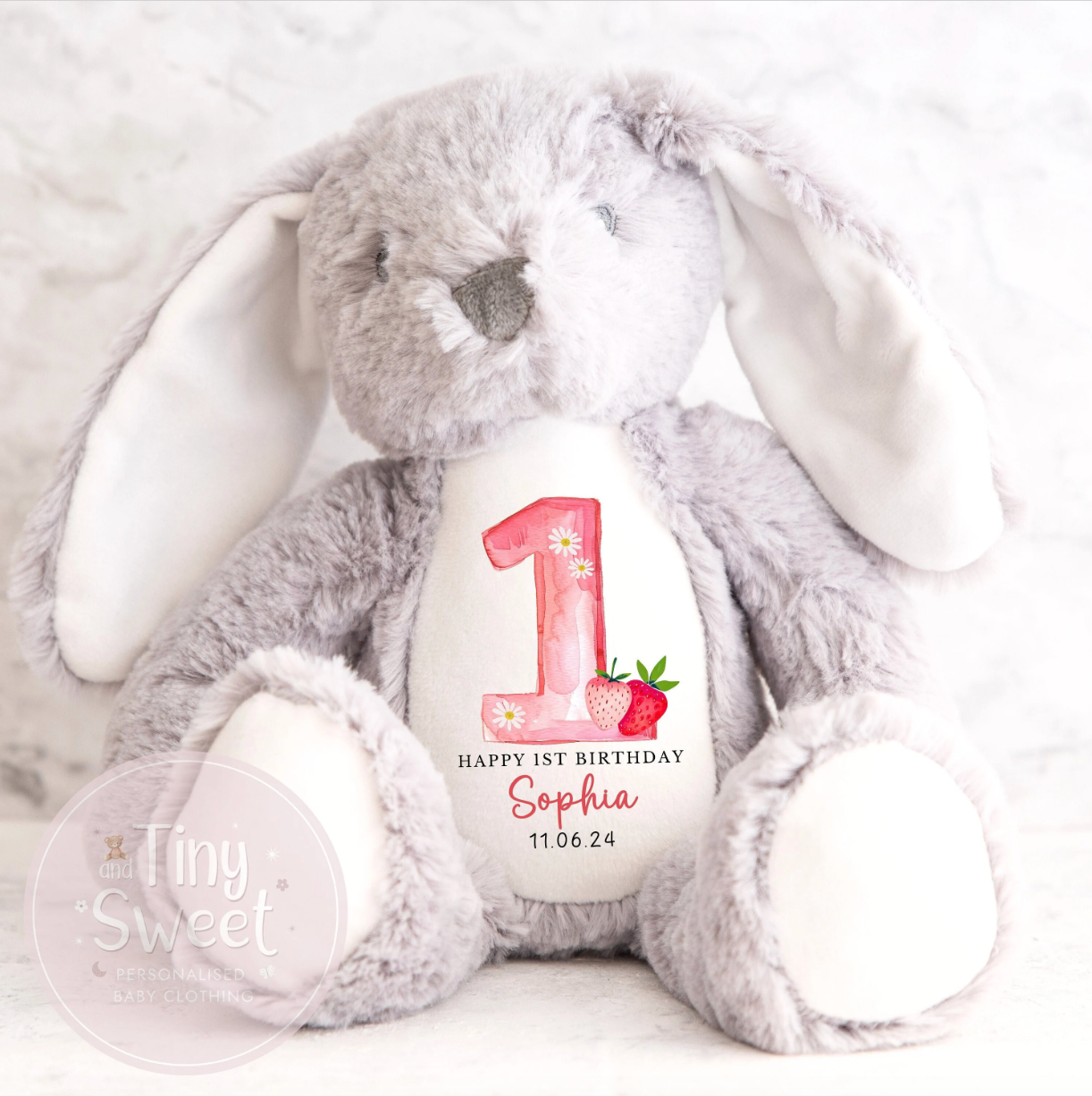 Personalised Strawberry 1st Birthday Bunny Soft Toy