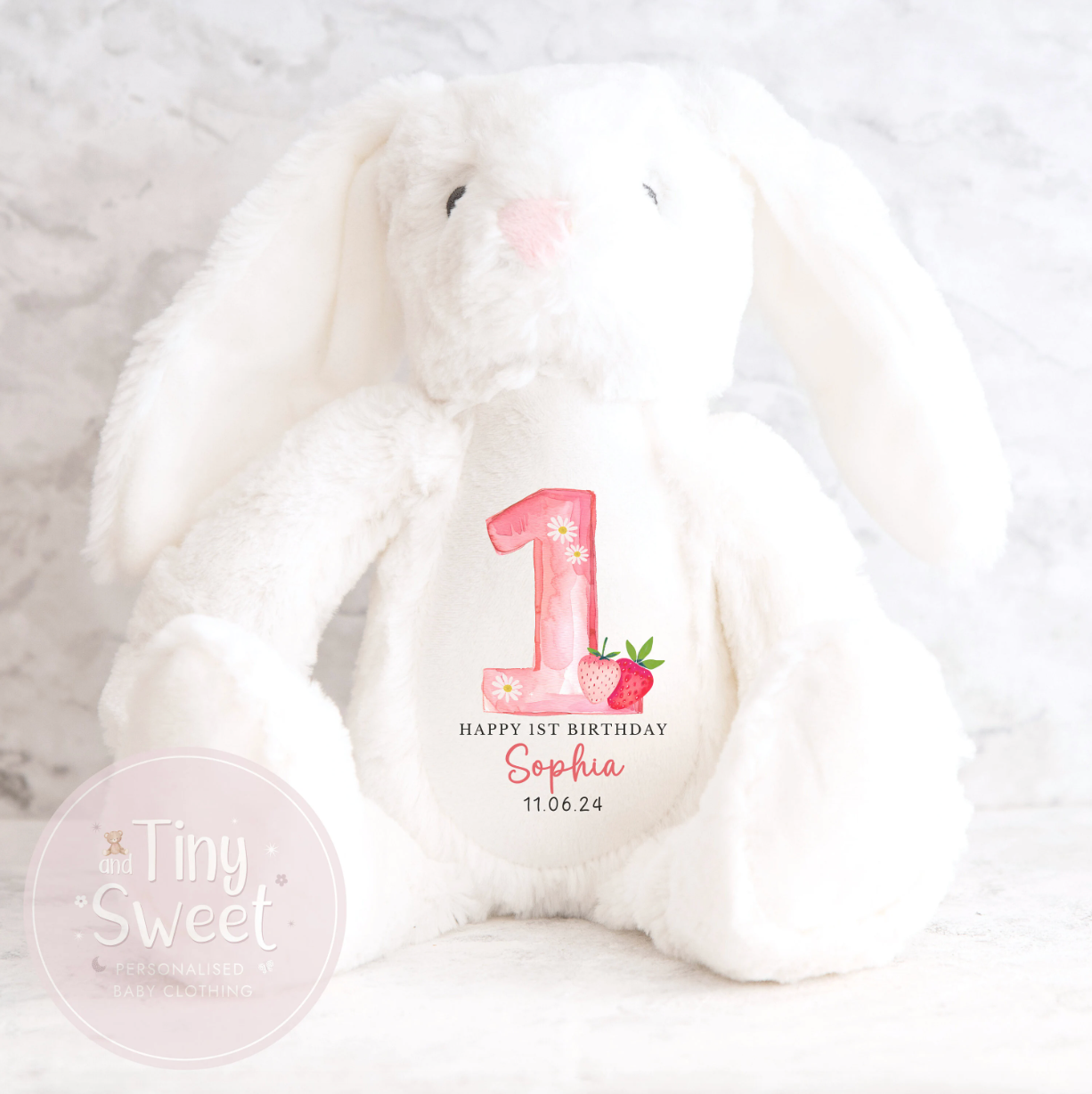 Personalised Strawberry 1st Birthday Bunny Soft Toy