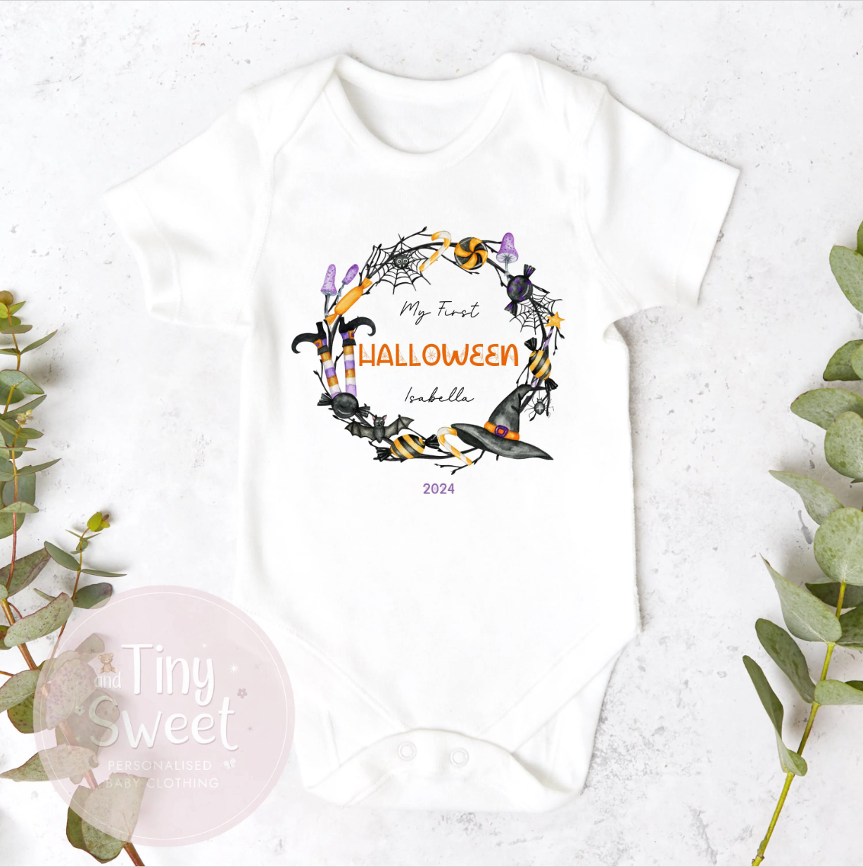 Halloween Brown Wreath Personalised Sleepsuit