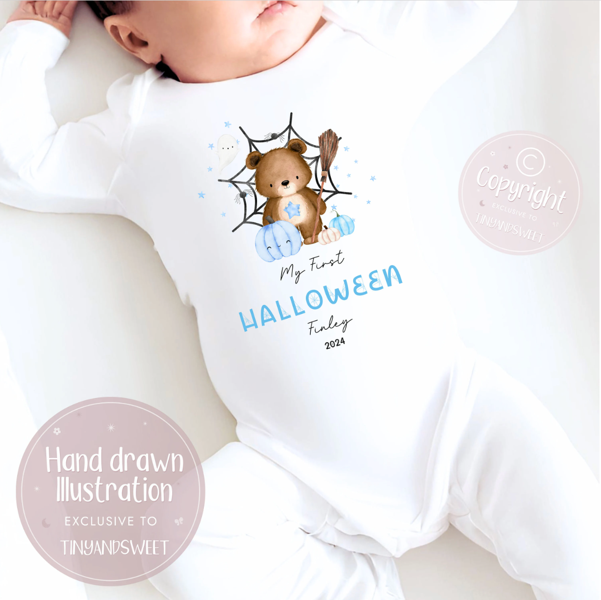 Cobweb Bear Pink/Blue Personalised Sleepsuit