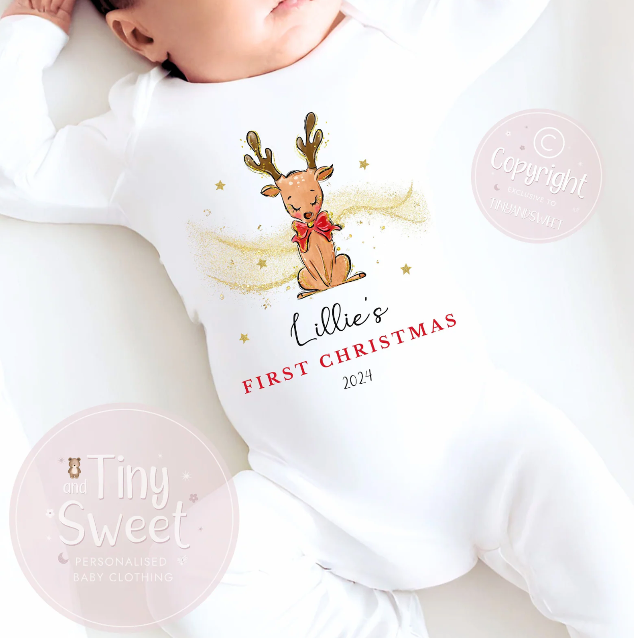 Personalised Reindeer Babies First Christmas Sleepsuit