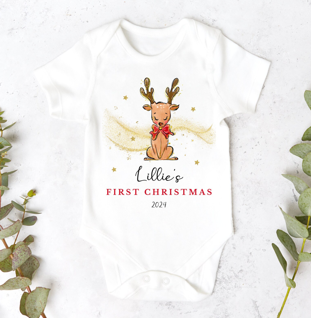 Personalised Reindeer Babies First Christmas Sleepsuit
