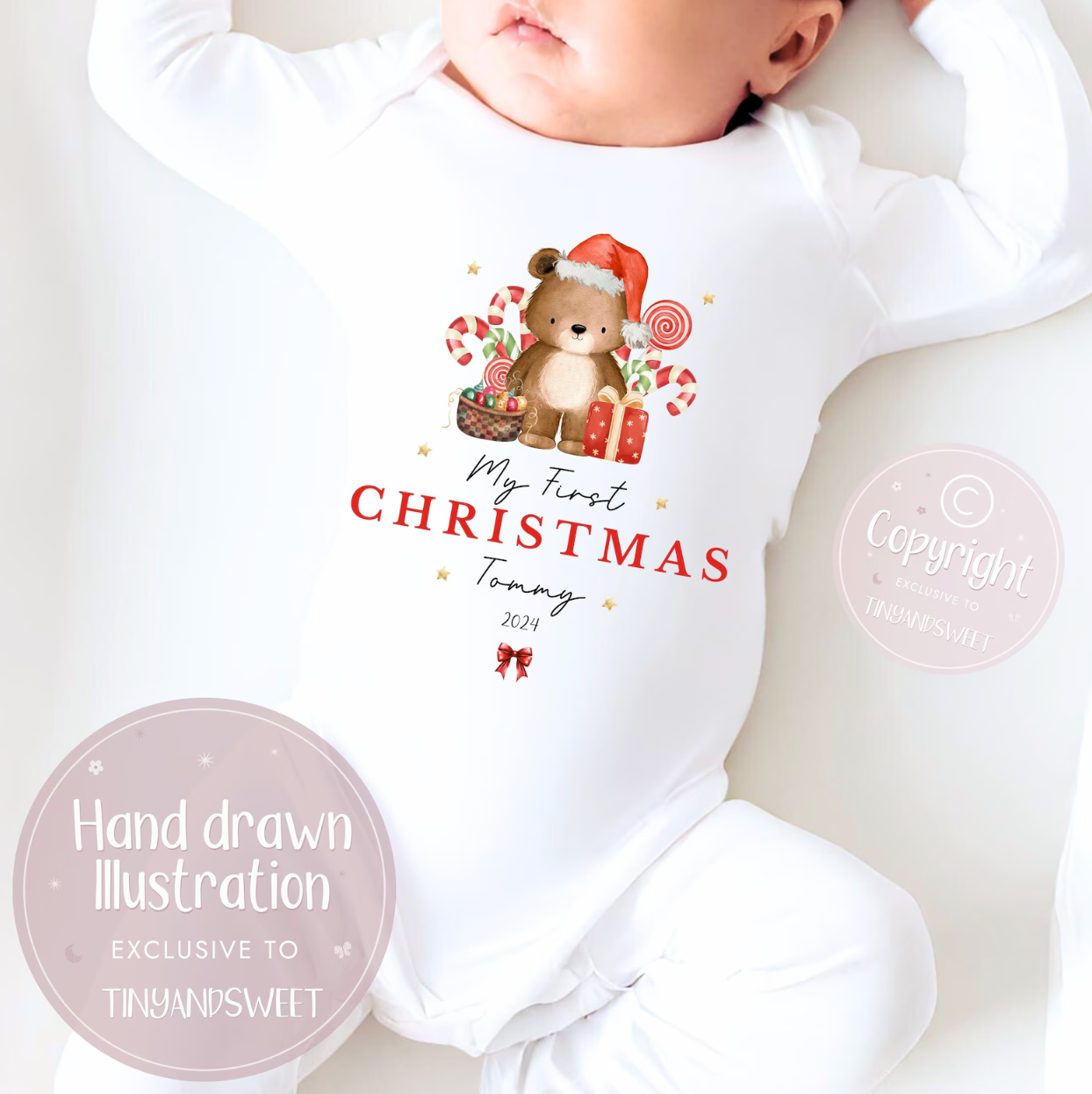 Personalised Candy Teddy Bear First Christmas Sleepsuit
