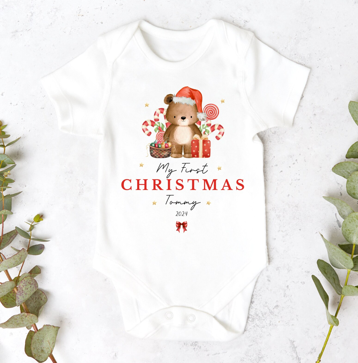 Personalised Candy Teddy Bear First Christmas Sleepsuit