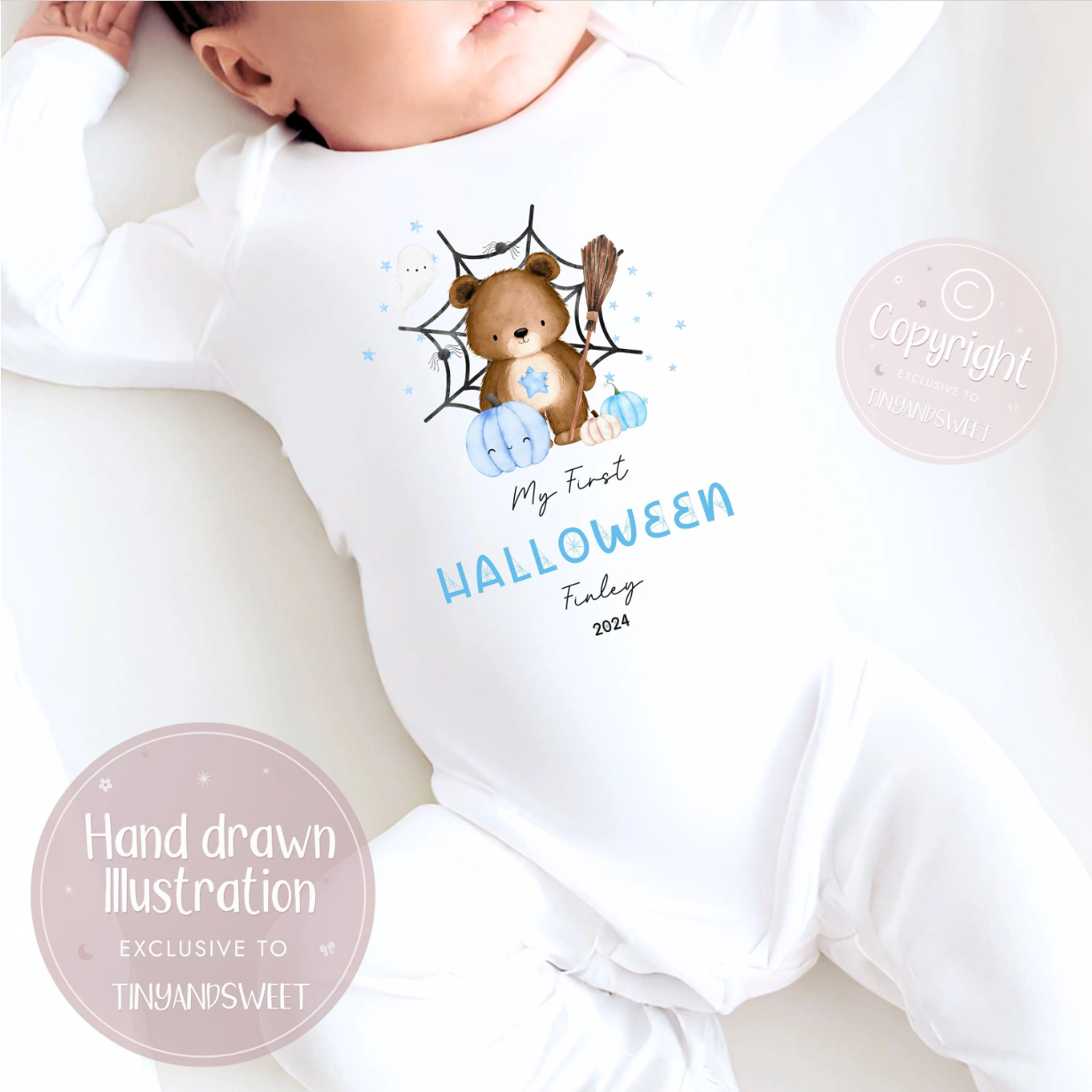 Cobweb Bear Blue/Pink Personalised Sleepsuit
