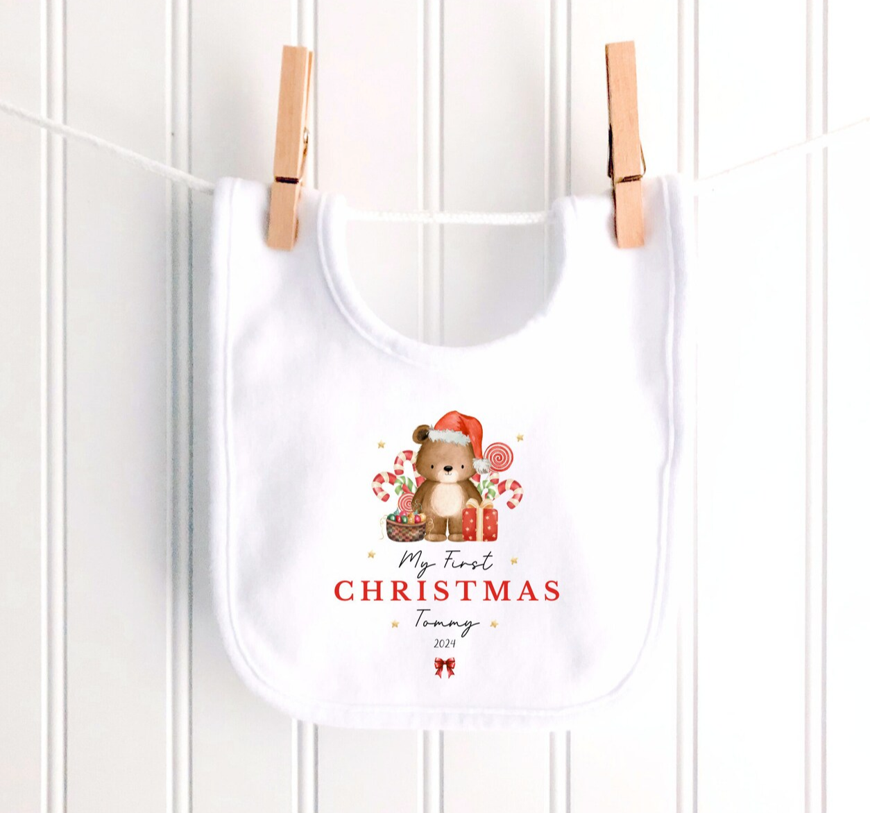 Personalised Candy Teddy Bear First Christmas Sleepsuit
