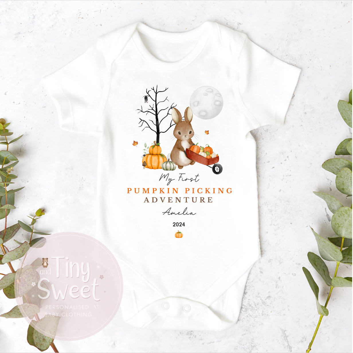 Bunny Pumpkin Picking Halloween Personalised Sleepsuit