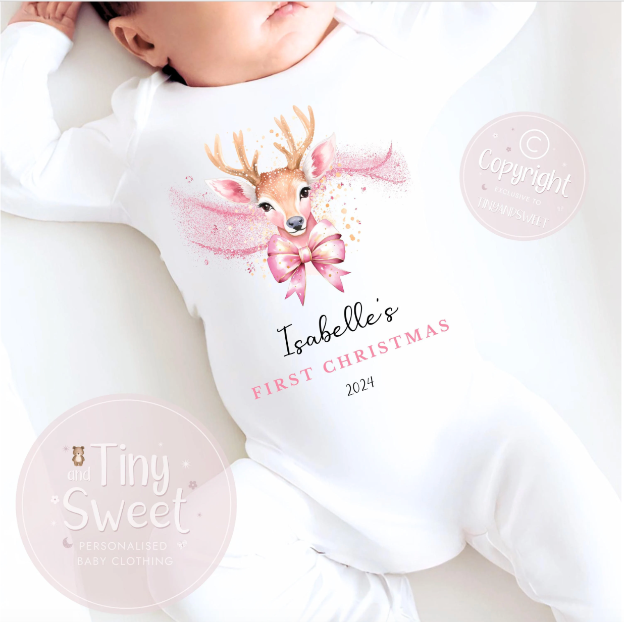 Personalised Pink Reindeer Christmas Sleepsuit