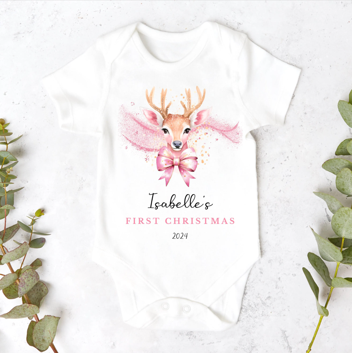 Personalised Pink Reindeer Christmas Sleepsuit