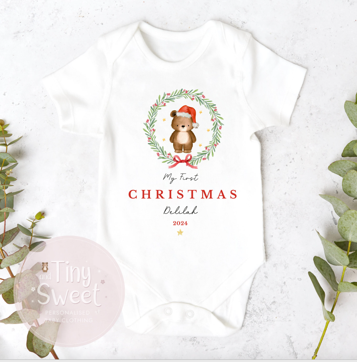 Personalised Bear Wreath Sleepsuit