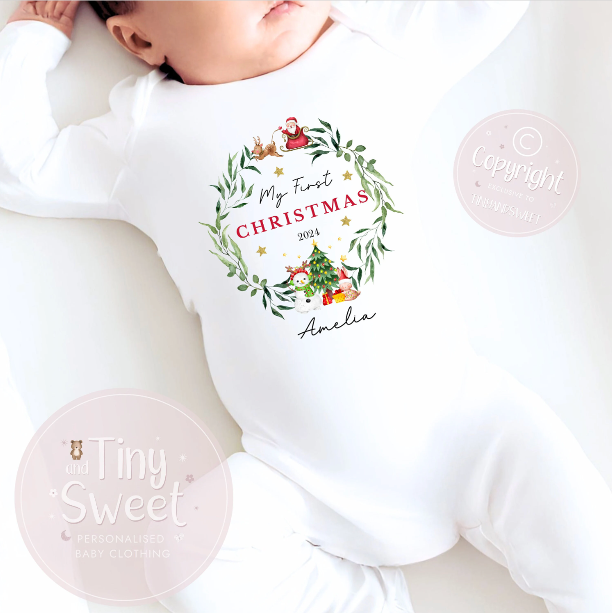 Personalised Classic Christmas Wreath Sleepsuit