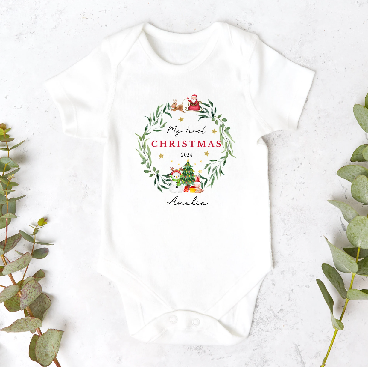 Personalised Classic Christmas Wreath Sleepsuit