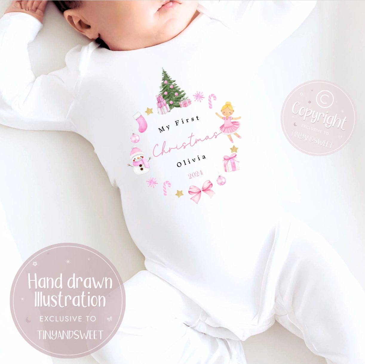 Personalised Classic Pink Wreath Christmas Sleepsuit