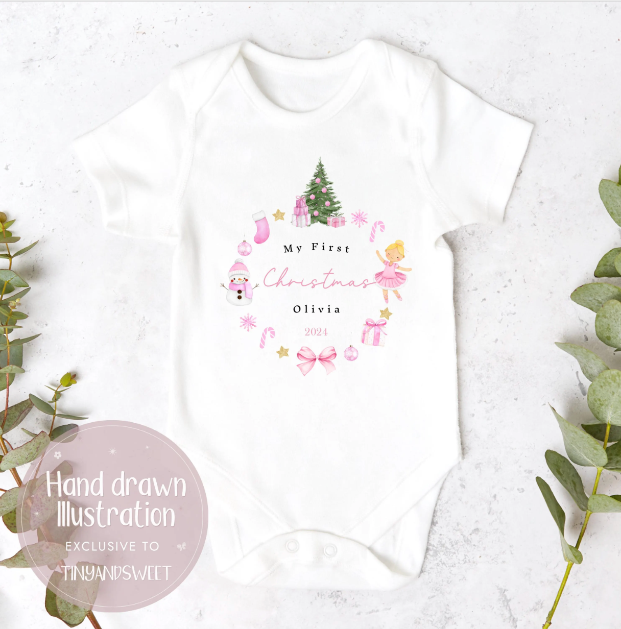 Personalised Classic Pink Wreath Christmas Sleepsuit