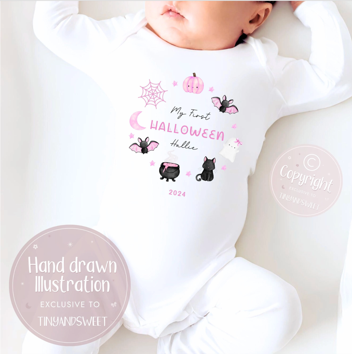 Pink/Blue Wreath Personalised Halloween Sleepsuit