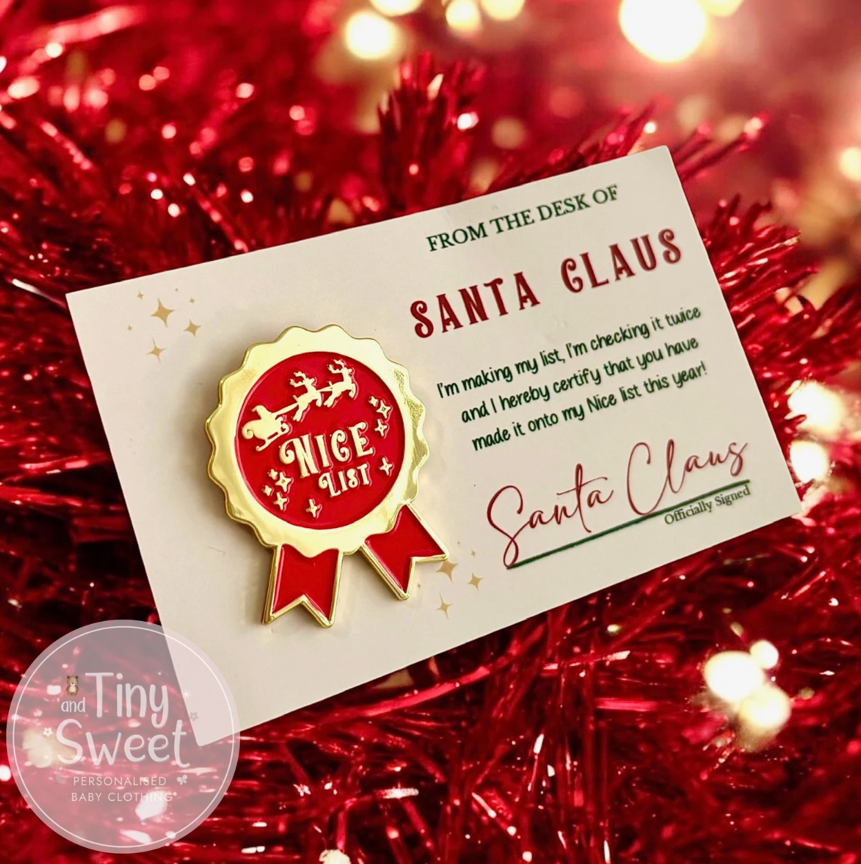 Rosette On The Nice List Pin Badge by Tiny and Sweet