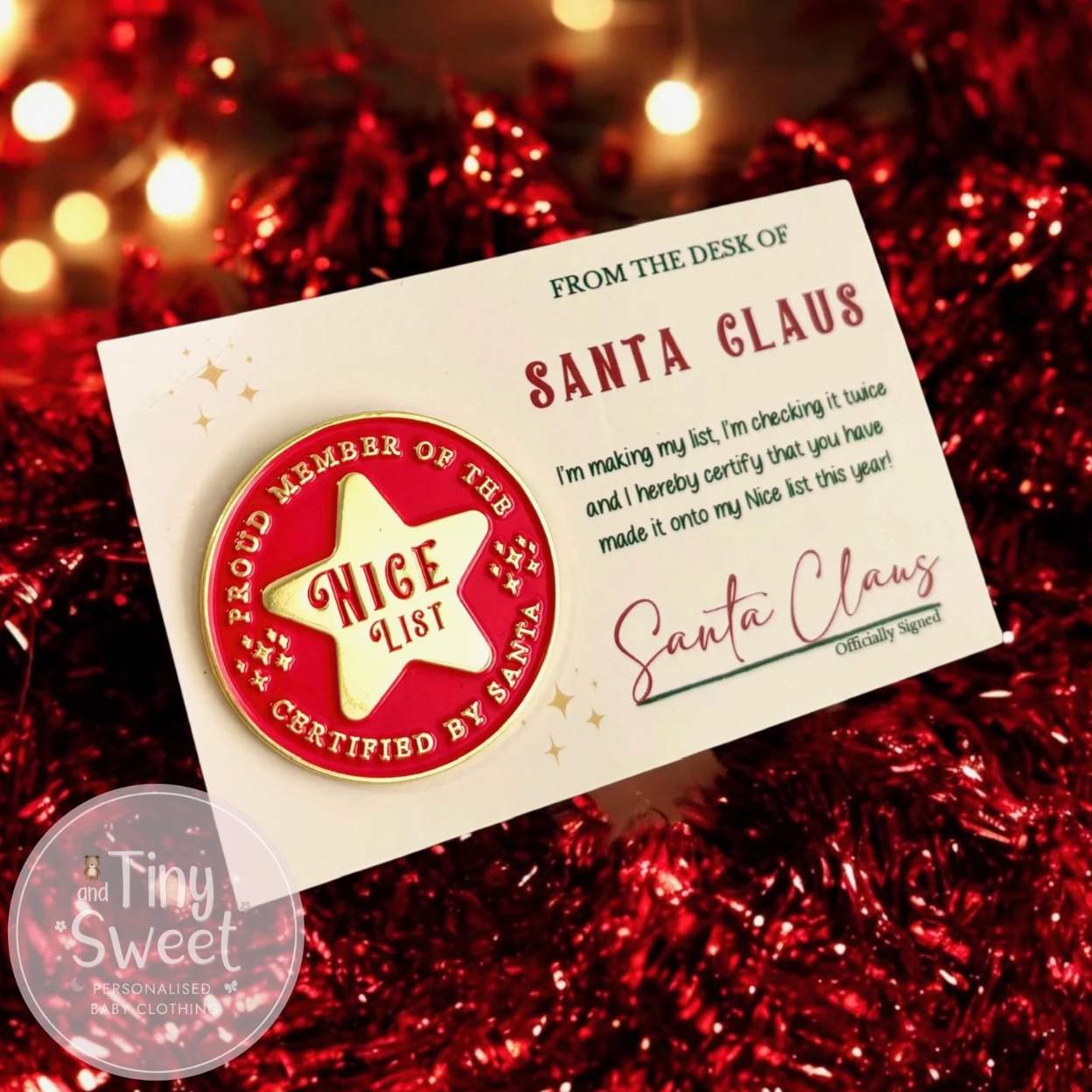 Certified By Santa On The Nice List Pin Badge by Tiny and Sweet
