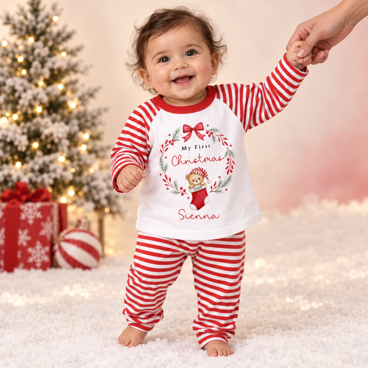 Personalised Teddy In Stocking Christmas Red Pyjamas