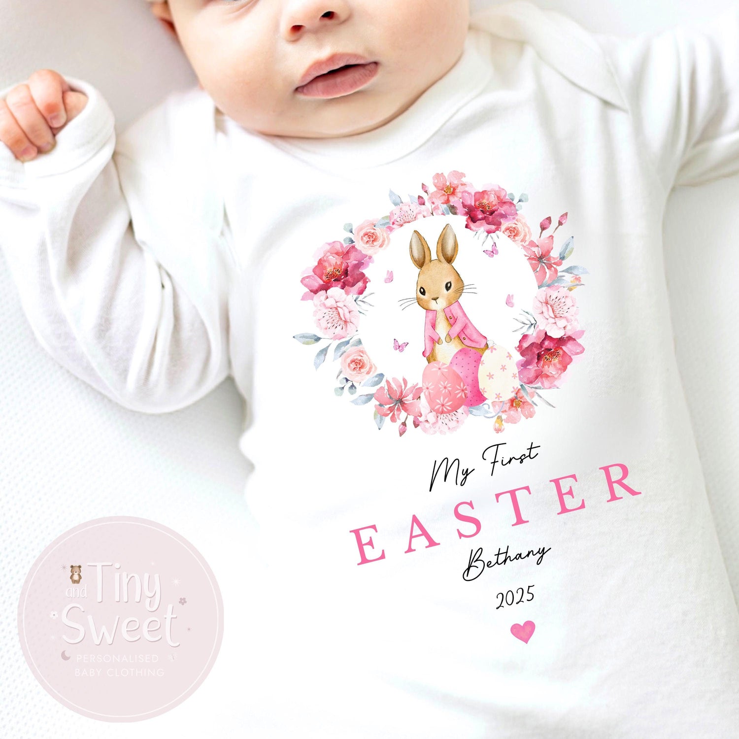 Pink Floral Wreath My First Easter Personalised Sleepsuit/Babygrow