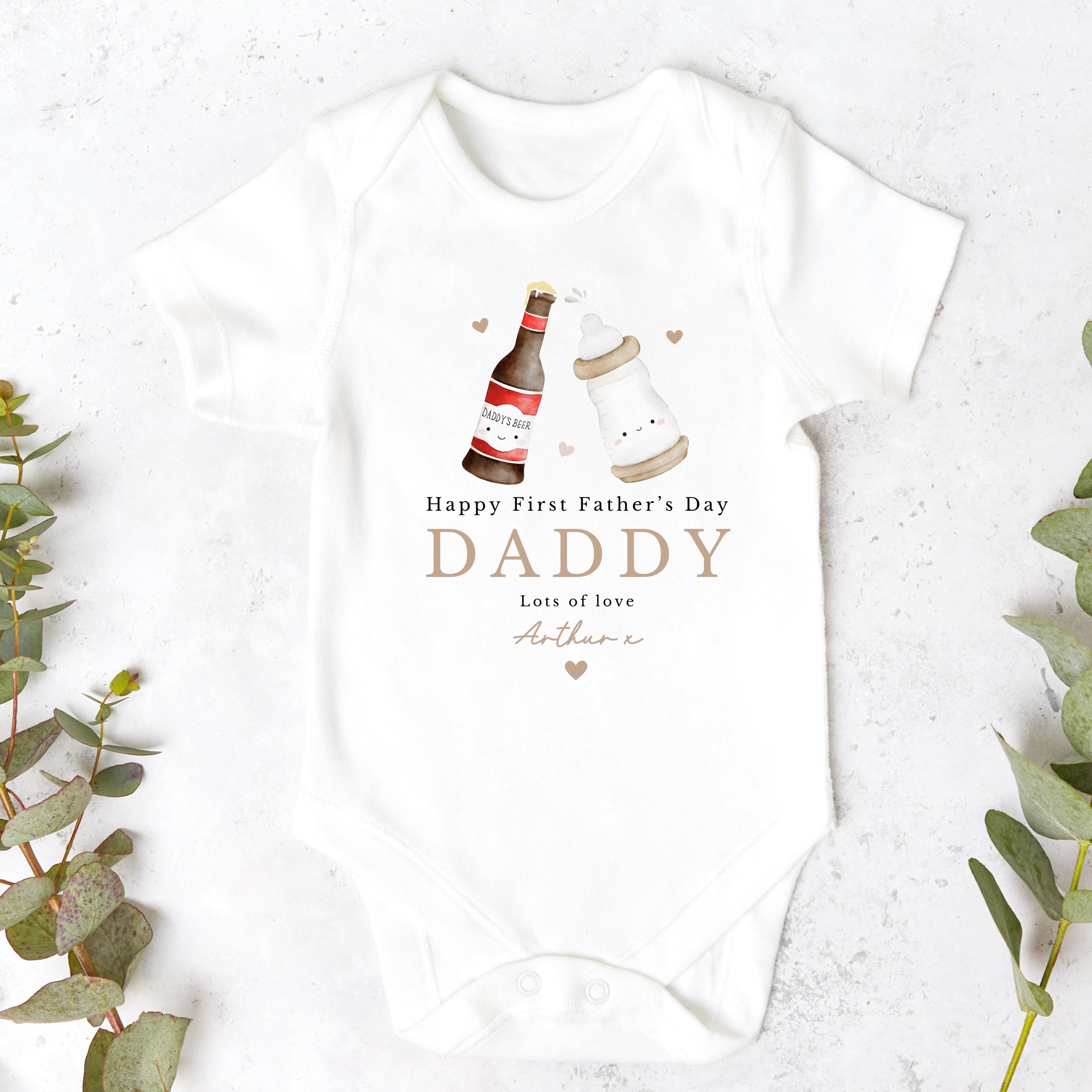 Beige Two Bottles Personalised First Fathers Day Sleepsuit Success