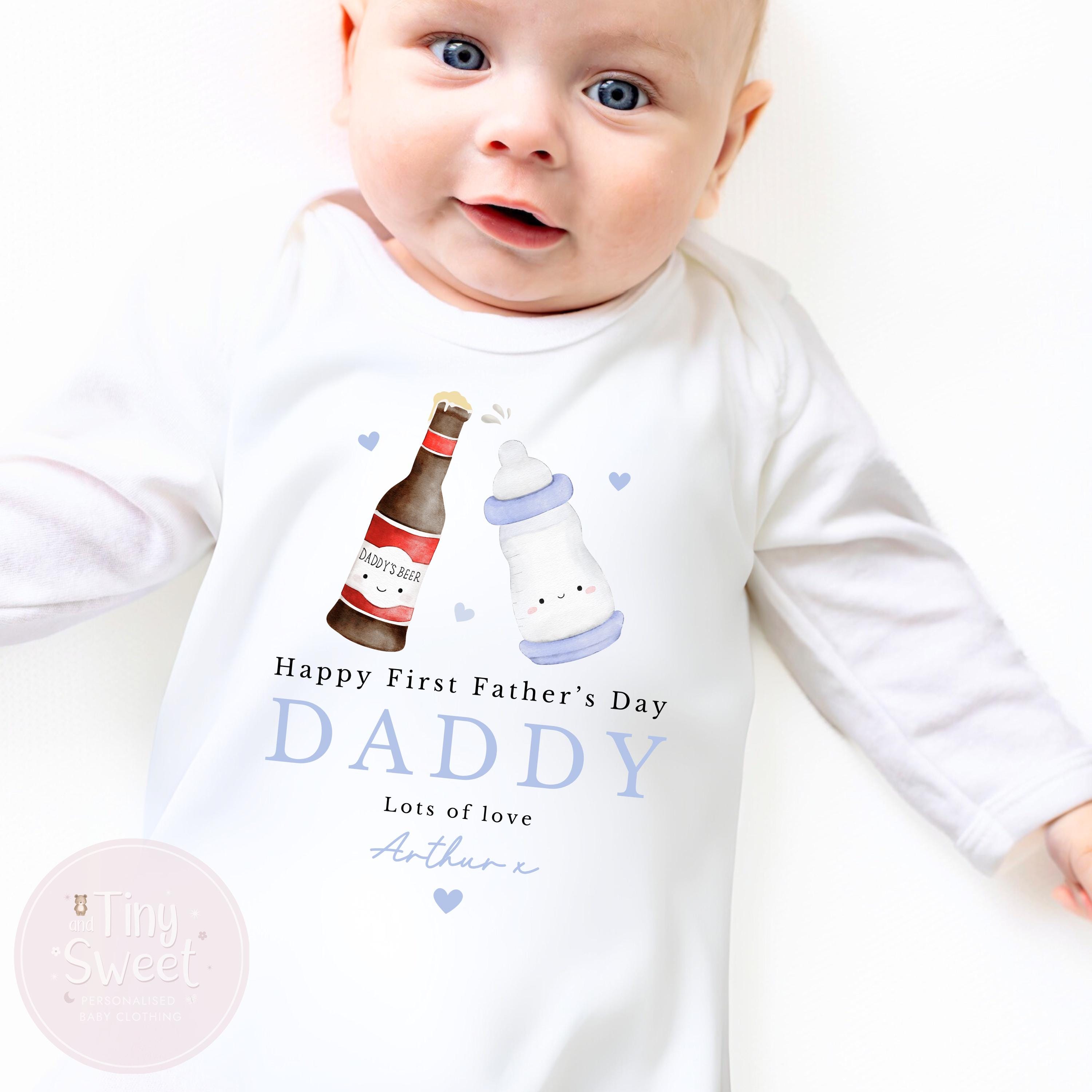 Blue Two Bottles Personalised First Fathers Day Sleepsuit