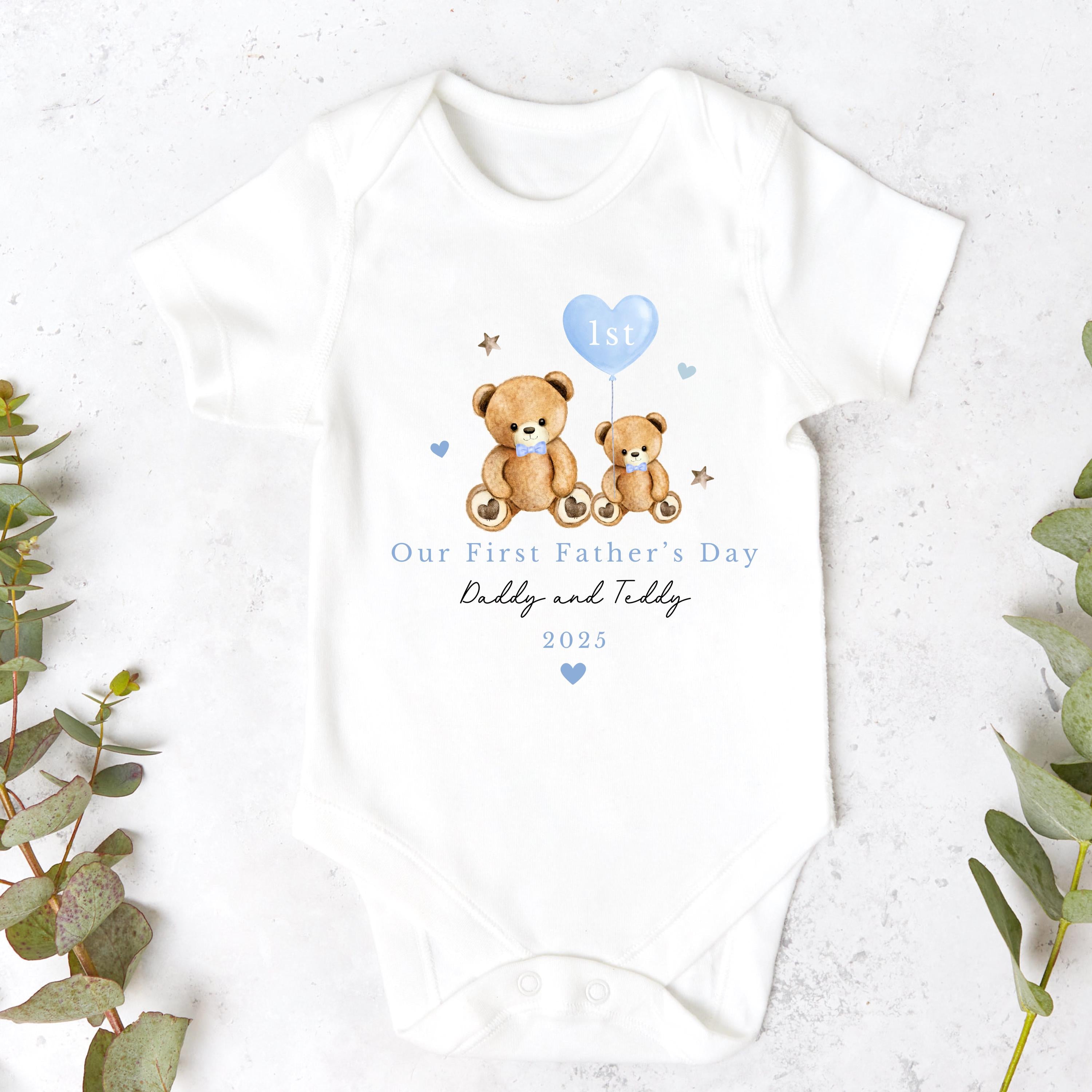 Blue Two Teddy Bears Personalised First Fathers Day Sleepsuit