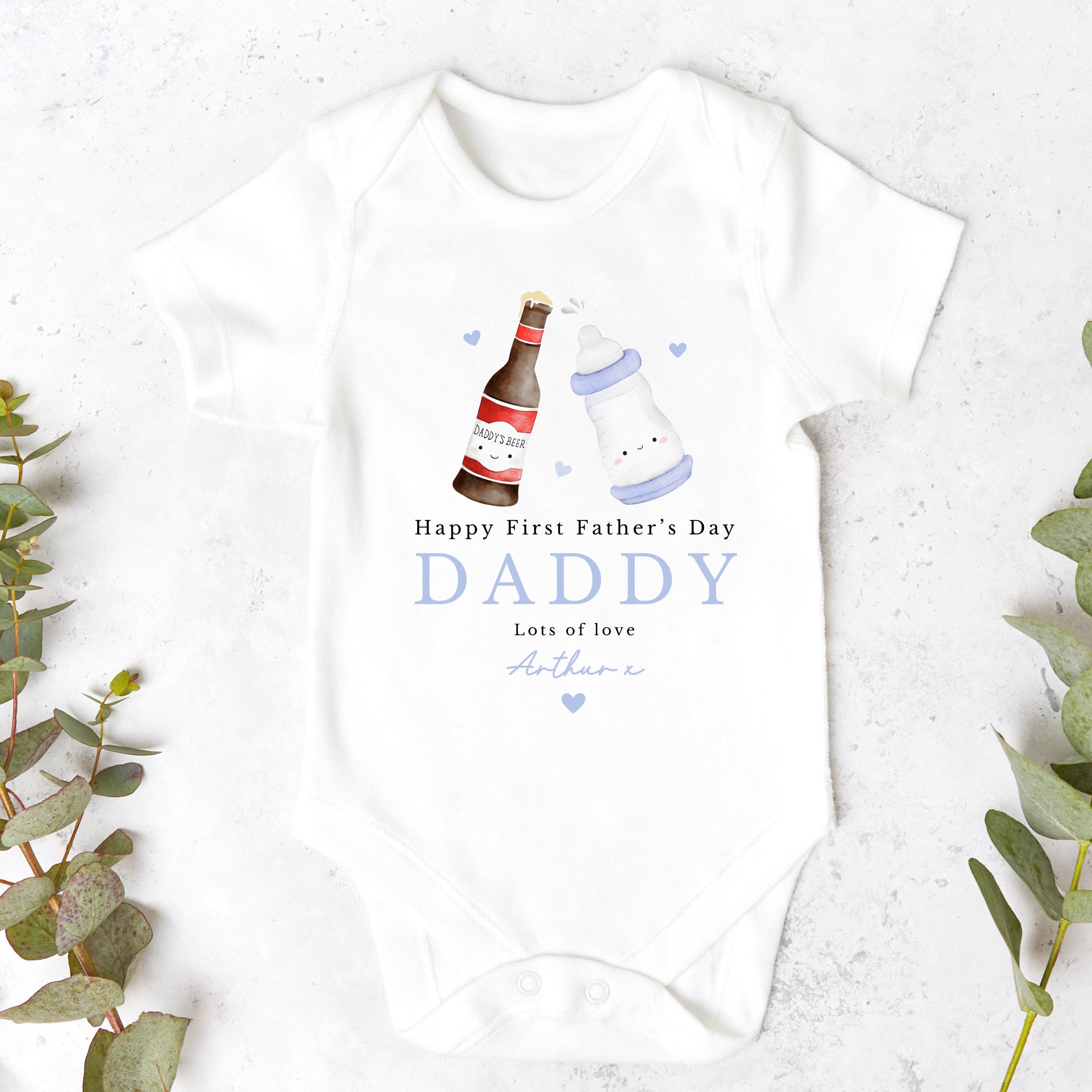 Blue Two Bottles Personalised First Fathers Day Sleepsuit