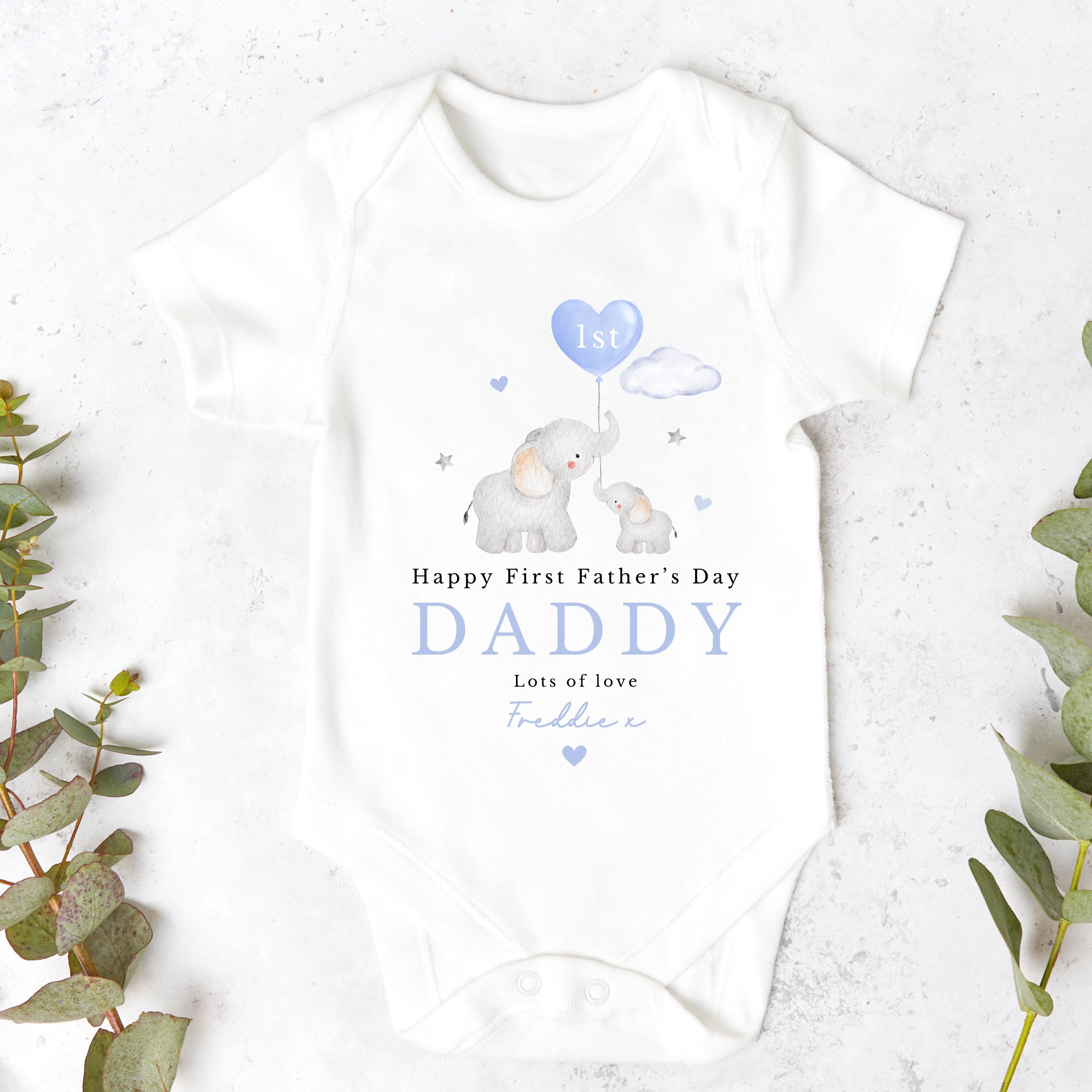 Blue Elephants Personalised First Fathers Day Sleepsuit